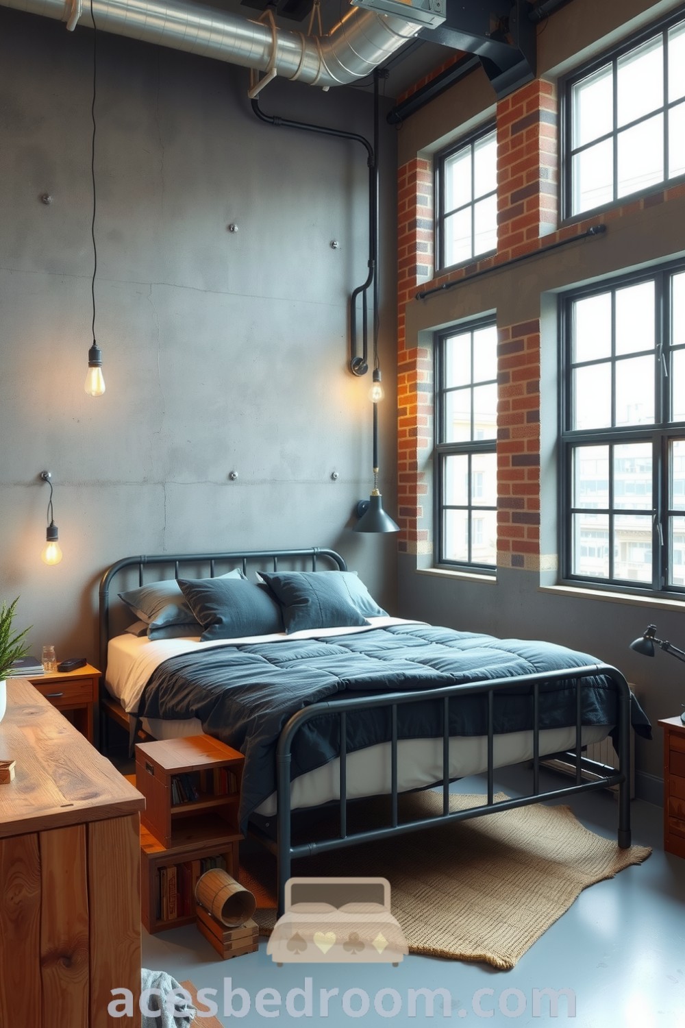 Cozy industrial bedroom with grey concrete walls, metal bed frame, plush quilt, rustic wooden furniture, and soft glowing light bulbs, featuring design ideas that blend comfort and style, showcased on acesbedroom.com.