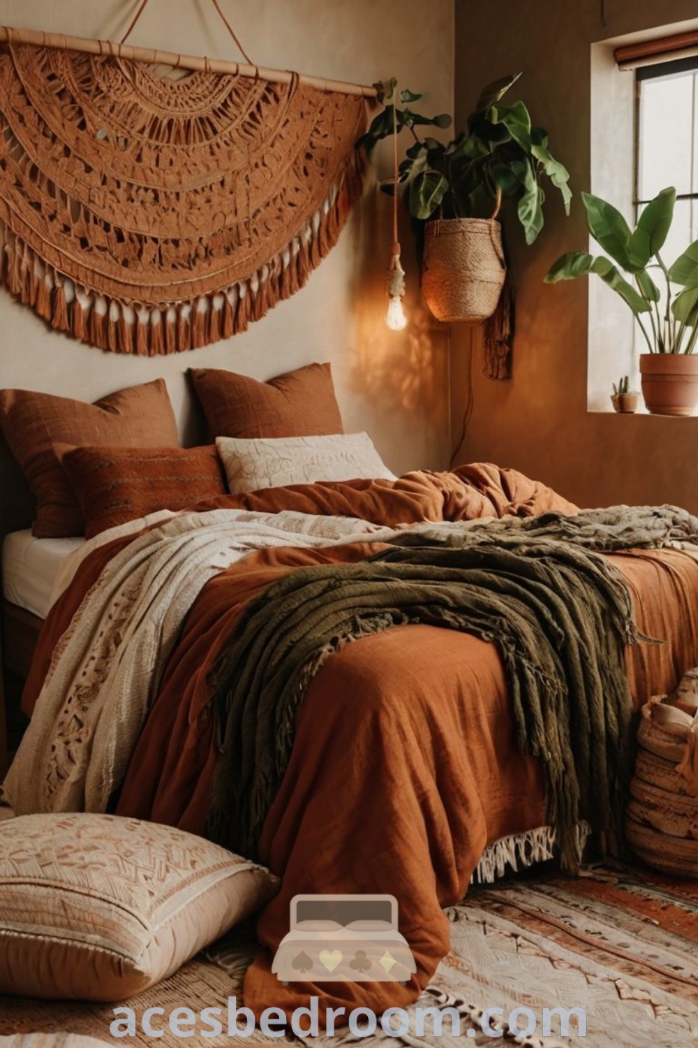 A beautifully designed earthy bedroom featuring a large bed and potted plants by the window, showcasing a cozy aesthetic and warm boho decor ideas. Perfect for creating a tranquil space, this room offers unique design inspirations for your home. Find more cozy ideas at acesbedroom.com.