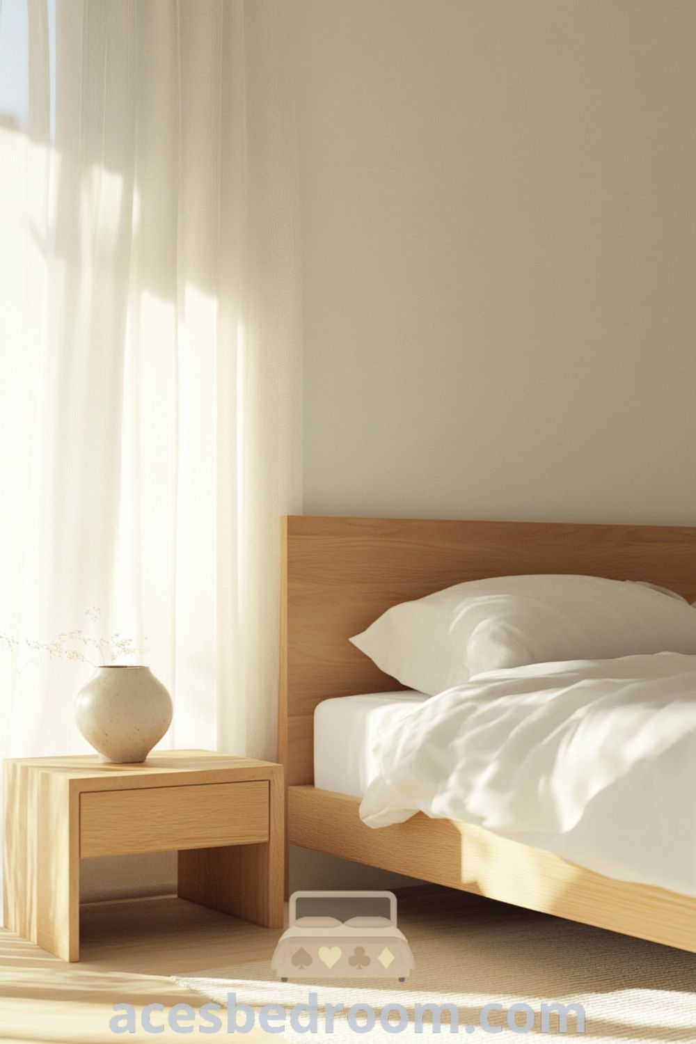 Tranquil minimalist bedroom on acesbedroom.com showcasing soft textures, uncluttered bedroom design, calming environment, and minimalist furniture for a peaceful retreat.