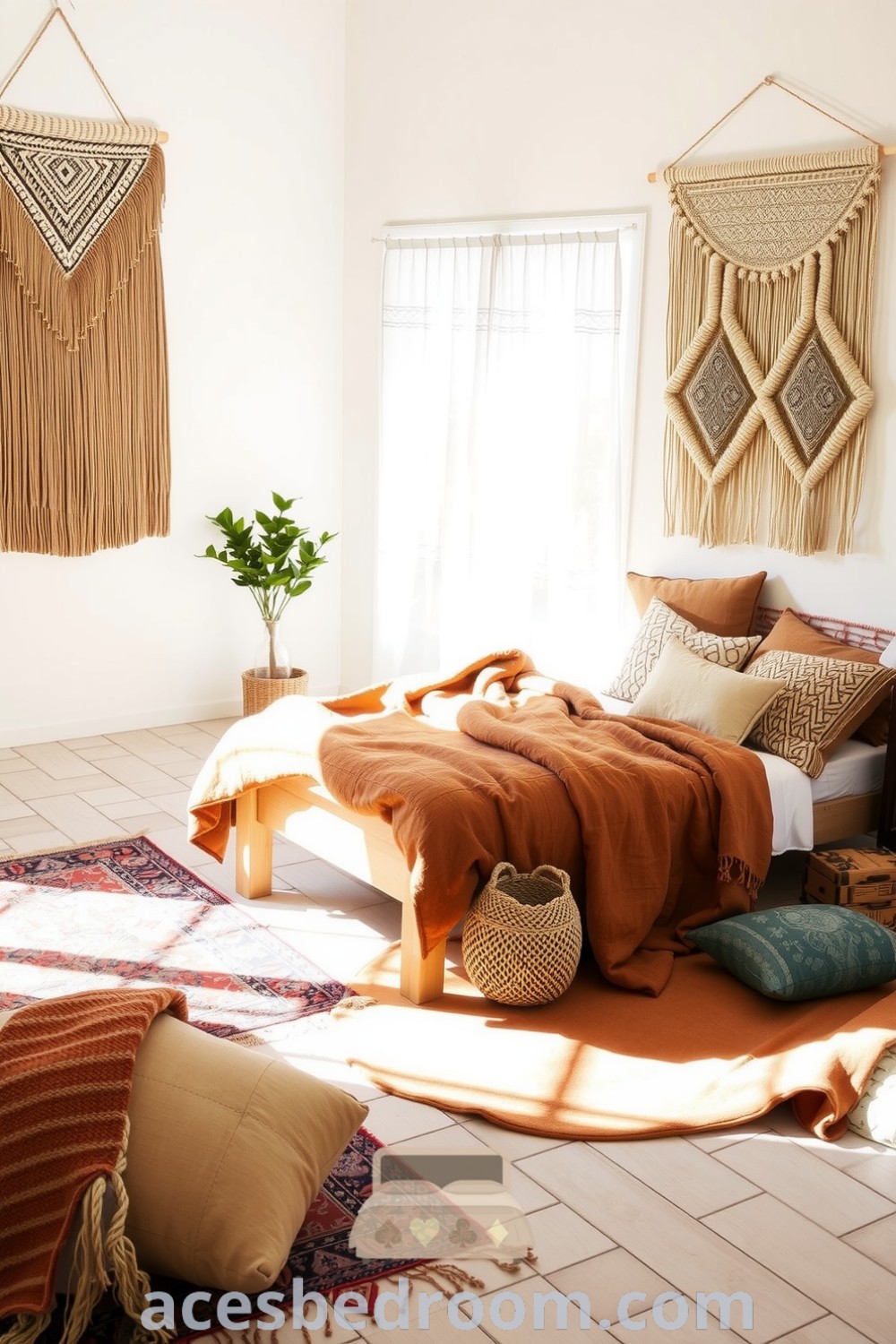Cozy boho bedroom featuring textured macramé wall hangings, a wooden bed frame with layered blankets in earthy tones, vintage rugs, and plants, creating a serene sanctuary for relaxation and inspiration, showcased on acesbedroom.com.