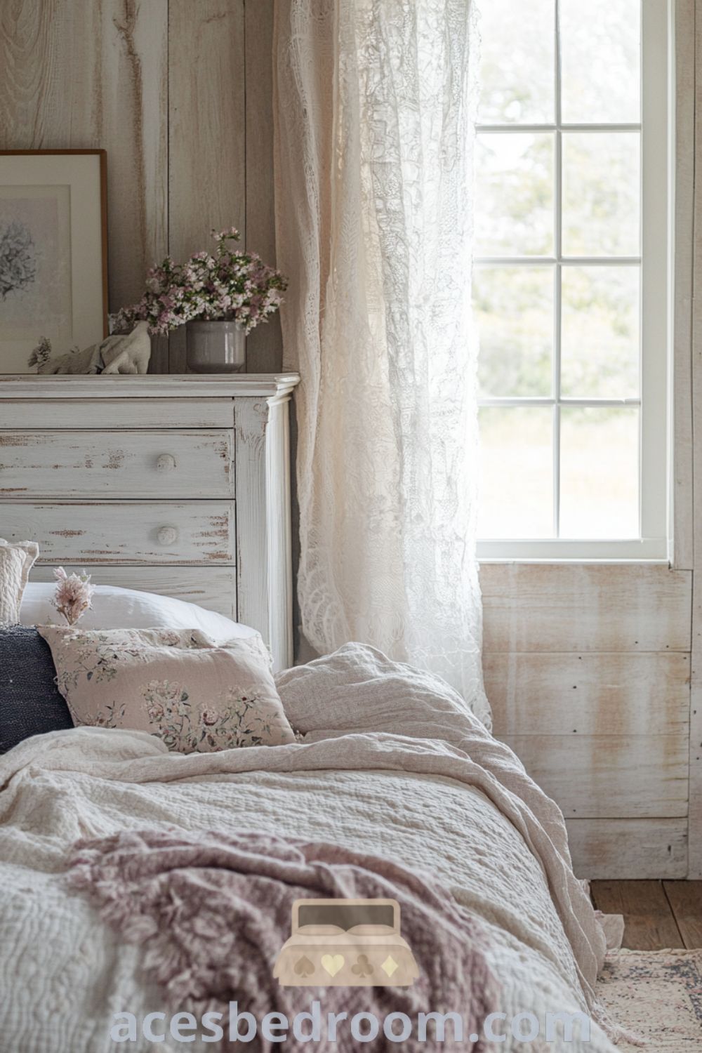 Cozy French country bedroom featuring soft pink walls, a white-washed wooden bed frame, fluffy pillows, lace curtains, and a vintage dresser for an inviting and sophisticated look, presented on acesbedroom.com.