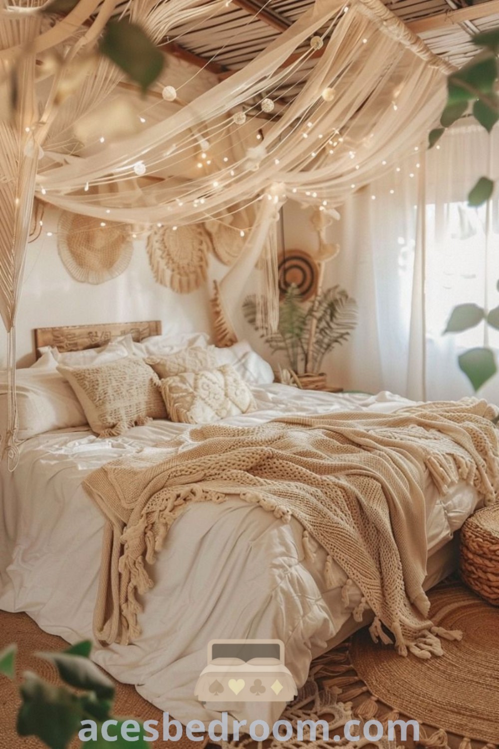 A cozy boho bedroom with a bed covered in pillows and blankets, a stylish canopy with lights strung from the ceiling, and an inviting atmosphere. This decor inspiration from acesbedroom.com showcases unique ideas for a warm and sophisticated look, perfect for those seeking cozy bedroom design tips.