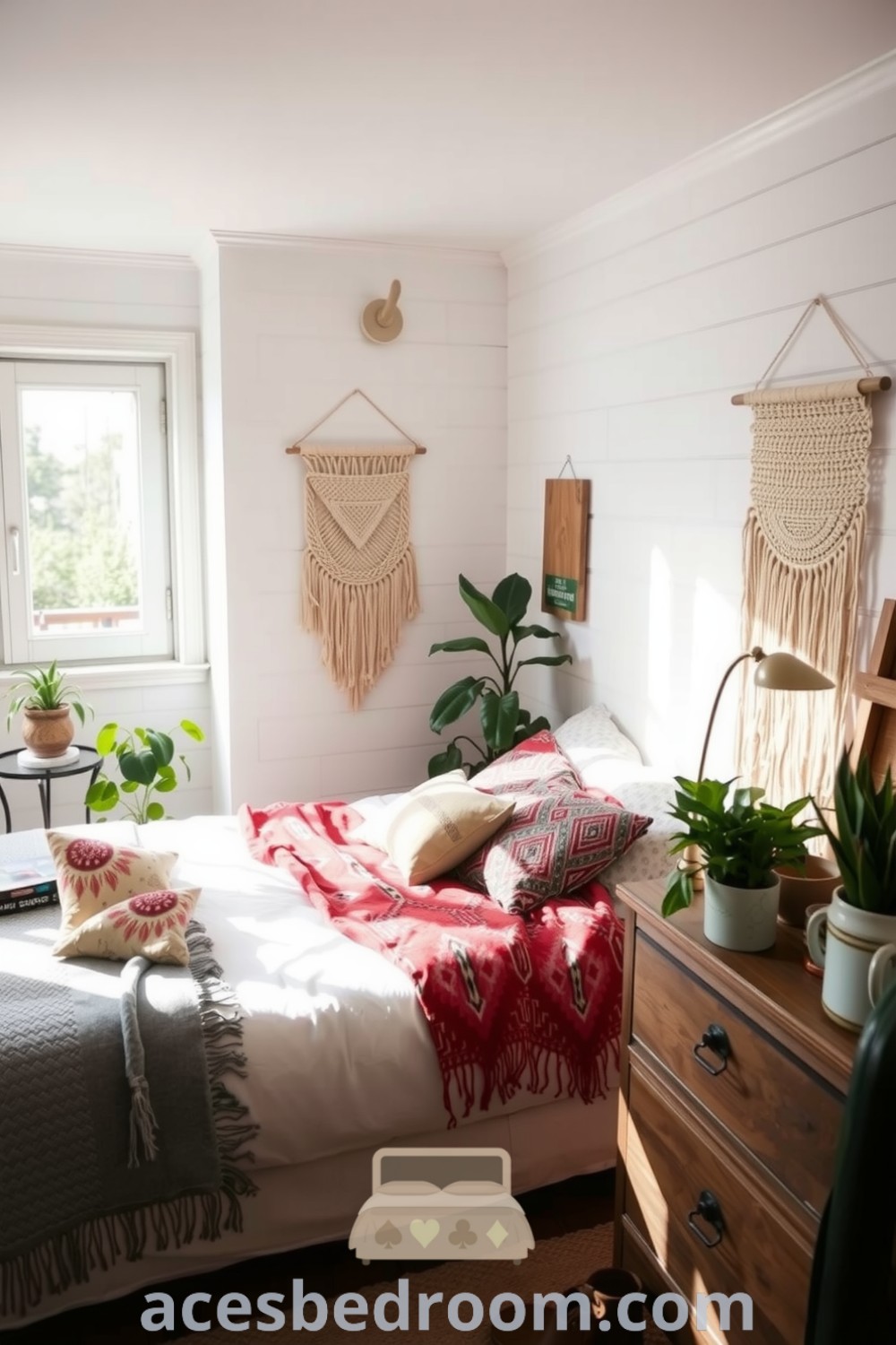 Cozy boho bedroom featuring white-washed walls, a plush bed with textured throws and cushions, woven wall hanging, reclaimed wood dresser with trinkets, and plants, showcasing design ideas for a warm and inviting space on acesbedroom.com.