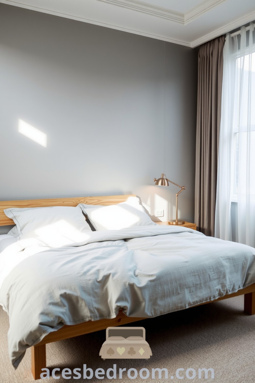 Cozy minimalist bedroom featuring a low-profile wooden bed, soft grey cotton bedding, a metal lamp, and sheer curtains that create a calm ambiance, providing design ideas for a serene and inviting space, available at acesbedroom.com.
