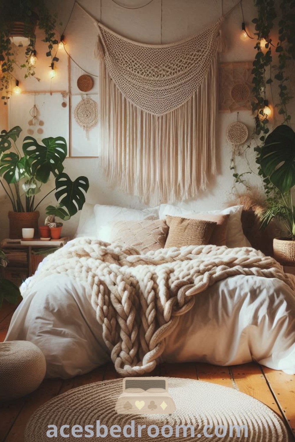 A cozy earthy bedroom filled with plants, hanging ivy, and cozy fairy lights, embodying soft boho and hygge aesthetics. This plant-filled bedroom offers stylish decor ideas for a warm and sophisticated look, featuring inspirations for cozy designs available at acesbedroom.com.