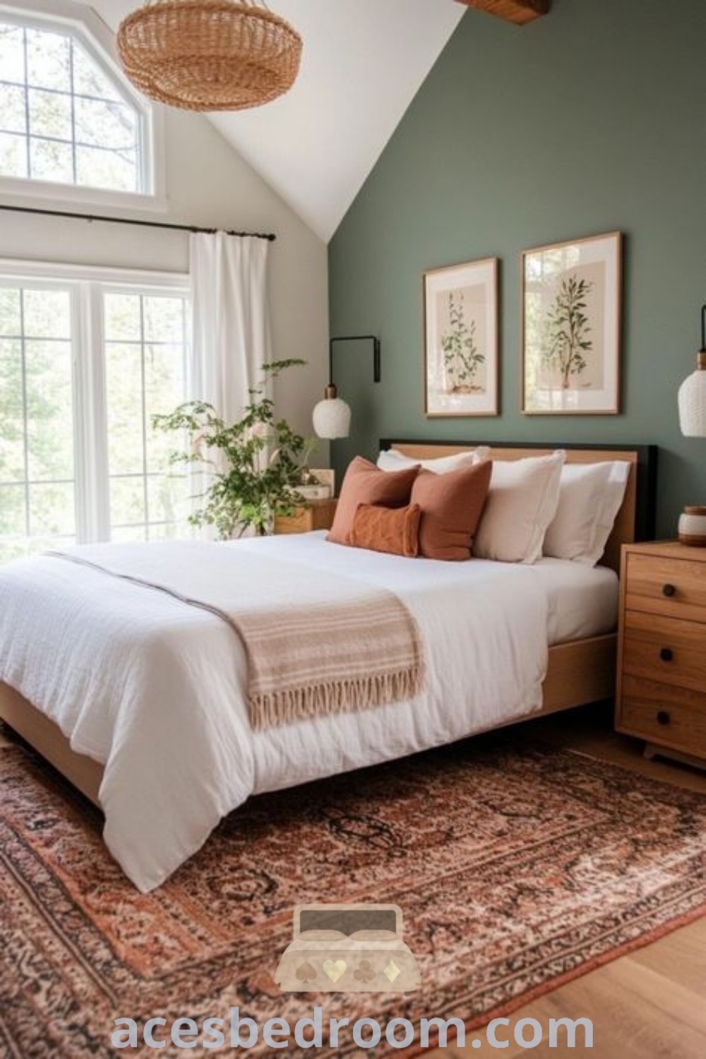 A cozy bedroom with green walls and white bedding in the corner, complemented by an area rug on the floor, showcasing a green and tan room aesthetic. This inspiring design blends earthy teal tones, making it perfect for master bedroom decor ideas. Discover more cozy inspirations at acesbedroom.com.