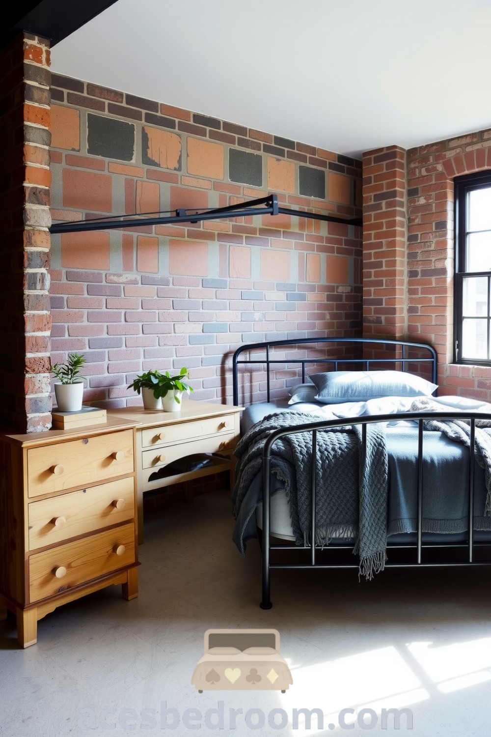 Cozy industrial bedroom with exposed brick walls, concrete floor, black metal bed frame, gray chunky knit blanket, and weathered wooden dresser, enhanced by potted plants and soft window light, perfect for inviting comfort and style, showcased on acesbedroom.com.