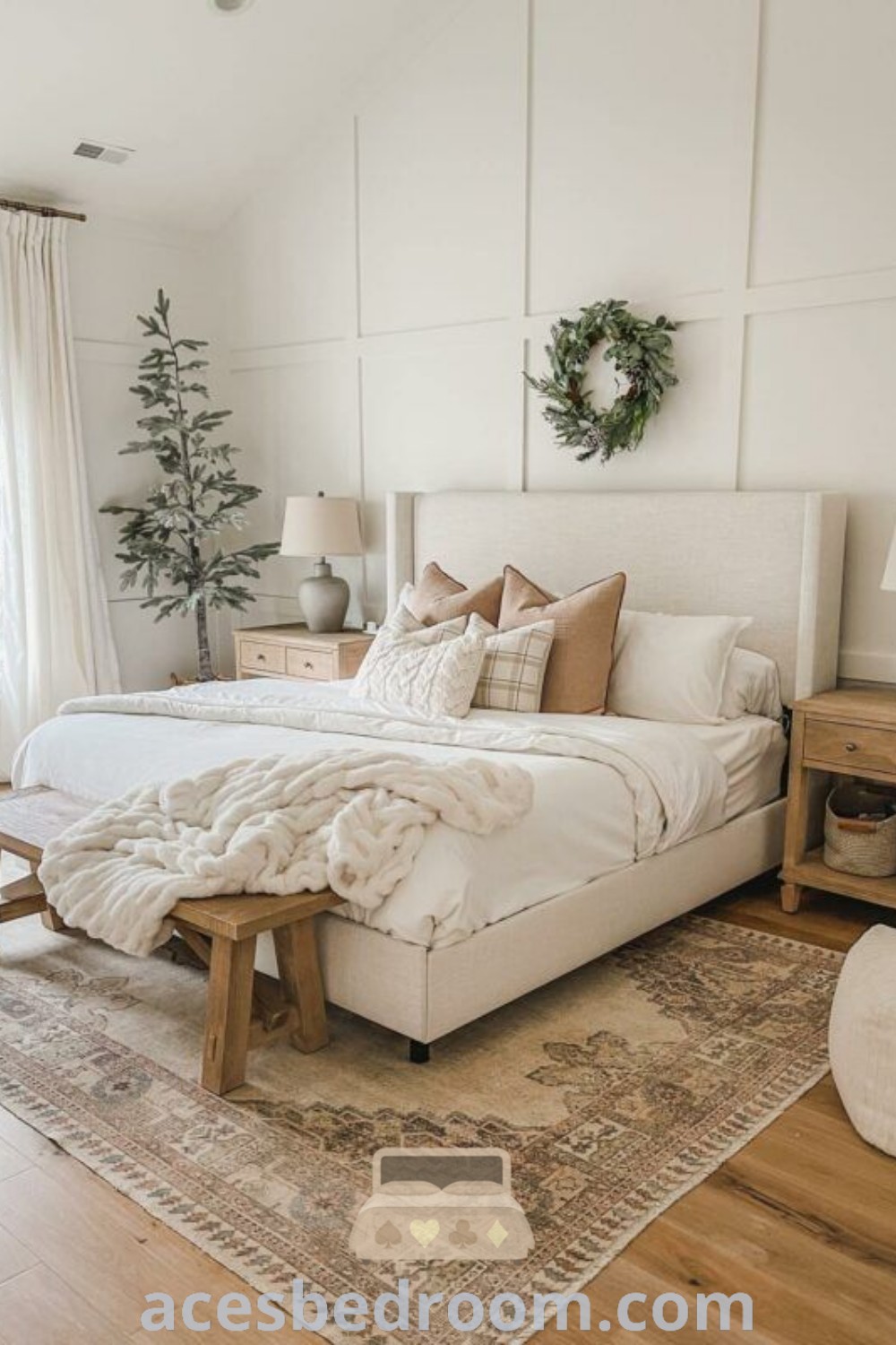 A cozy bedroom showcasing a white bed next to a window, designed with simple and beautiful bed styles. This decor inspiration highlights the latest bedroom trends and offers ideas for creating a warm and sophisticated look. Discover more cozy ideas at acesbedroom.com.