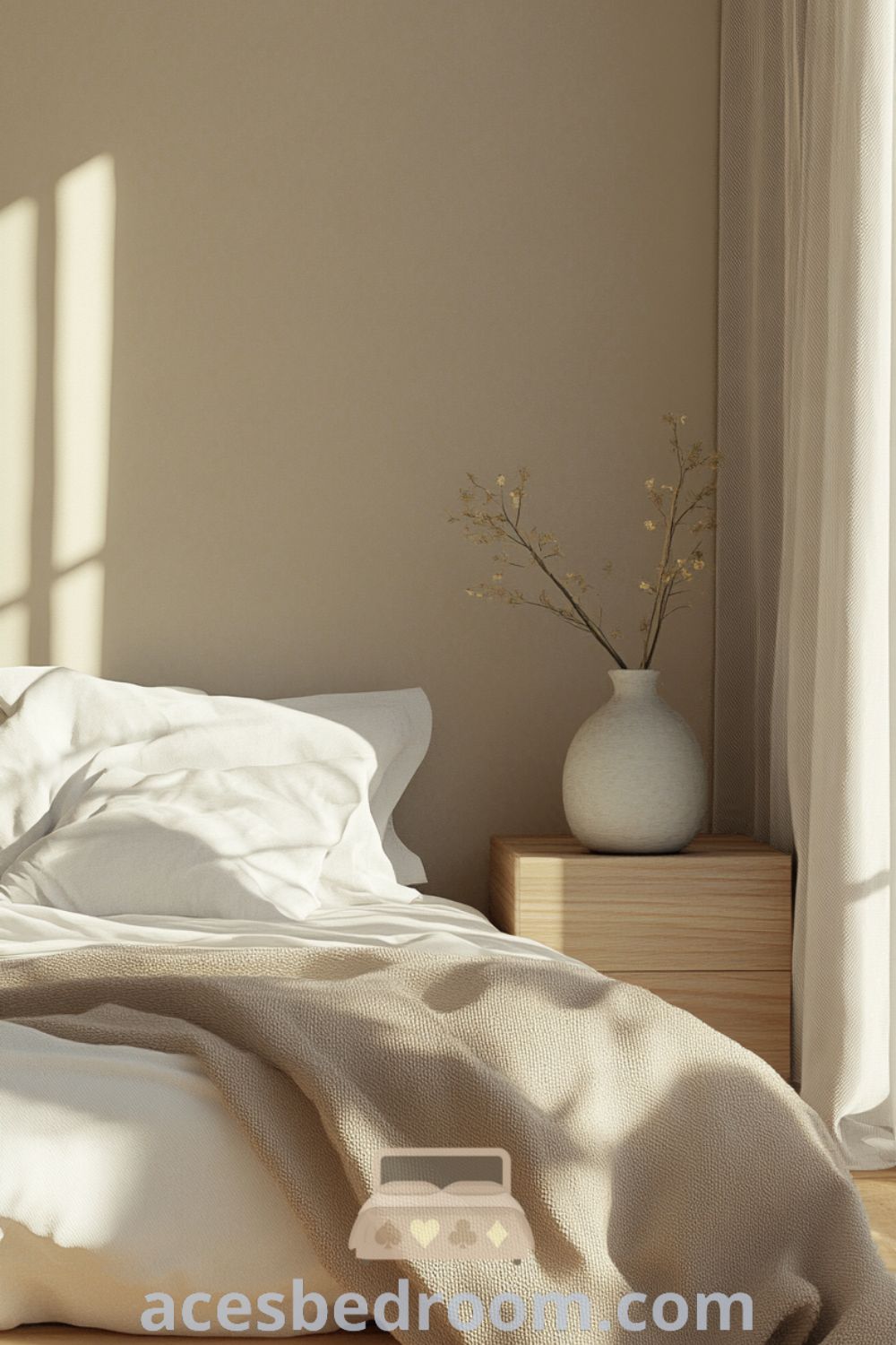 Serene Minimalist Bedroom Design showcased on acesbedroom.com featuring warm beige walls, soft textures, minimalist furniture, and ideas for a peaceful environment.