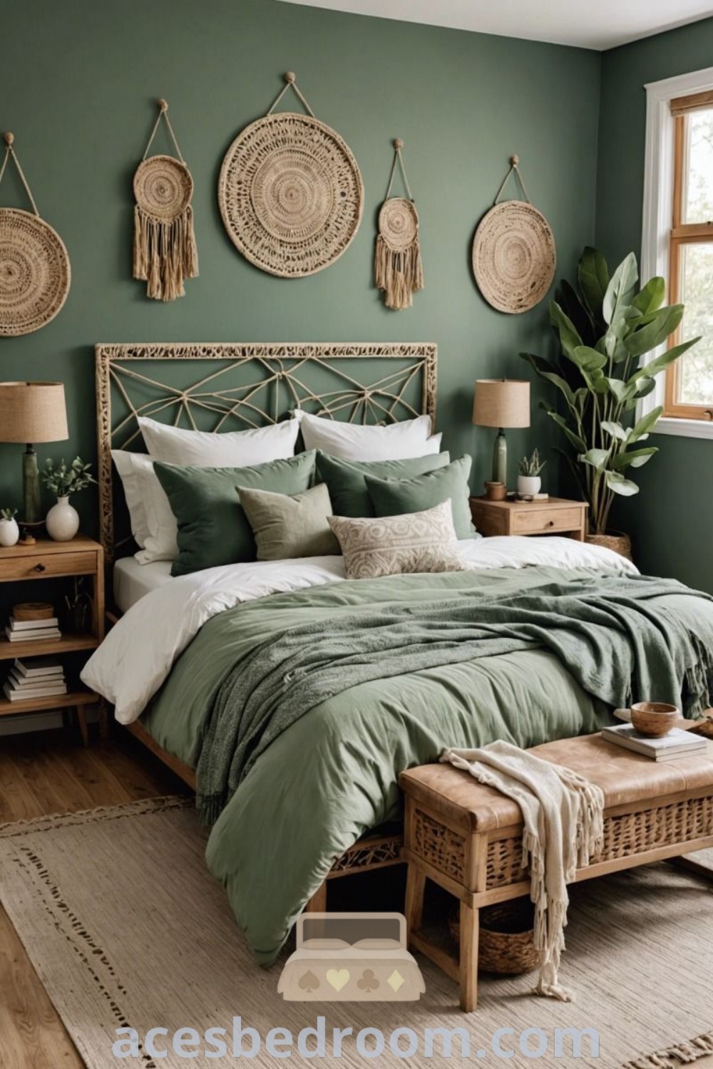 A soothing Boho bedroom with sage green walls, white bedding, and stylish wicker baskets, providing cozy home decor inspirations. This design showcases smart green Boho bedroom ideas that enhance tranquility and sophistication. Discover more stylish decor ideas at acesbedroom.com.