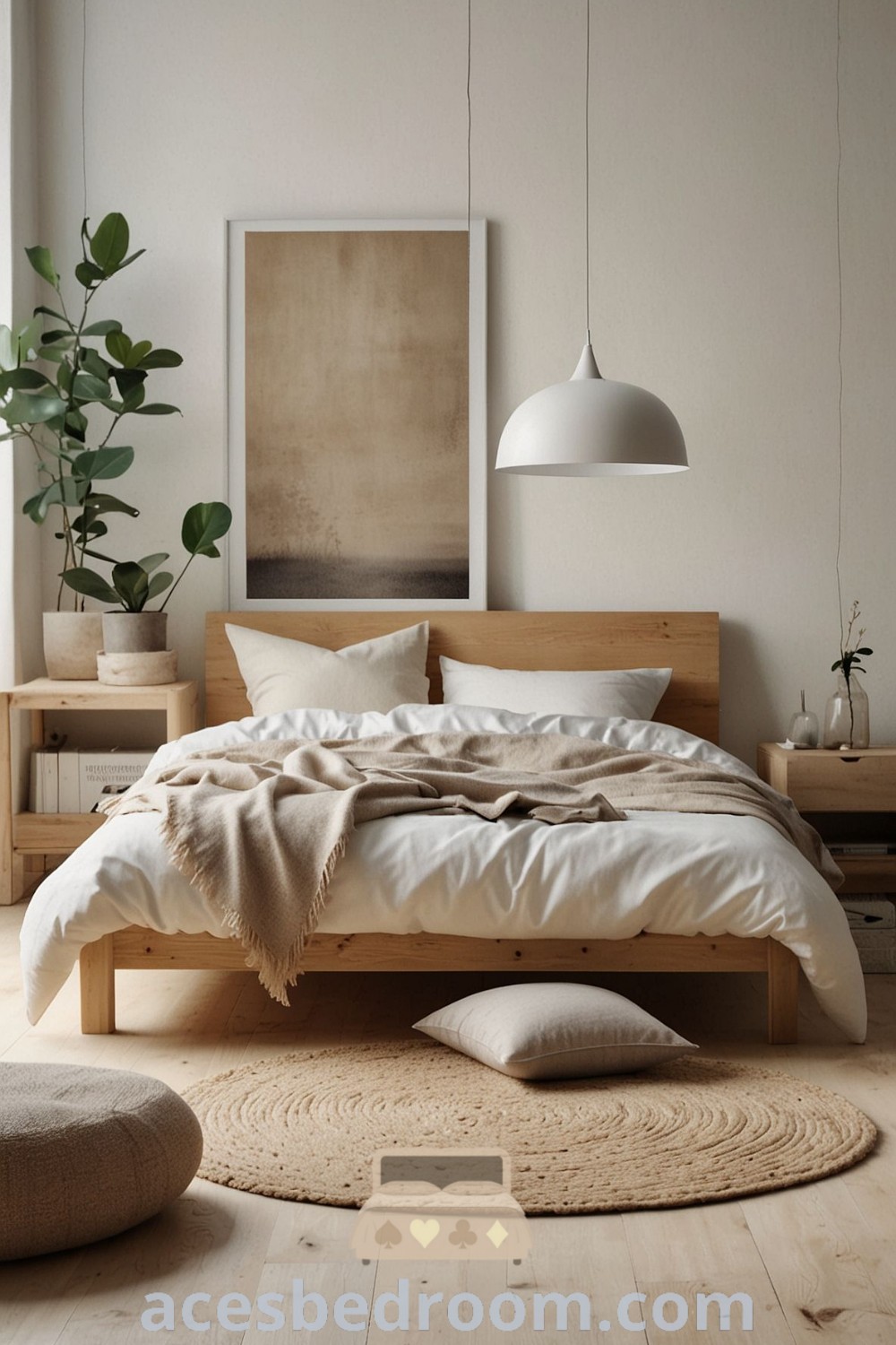 A cozy small Scandi bedroom featuring a bed beside a green plant on a wooden floor, showcasing minimalist designs and Nordic interior bedroom ideas. Ideal for inspiring cozy home decor, this stylish space offers unique decor inspirations for your home. Explore more design tips at acesbedroom.com.
