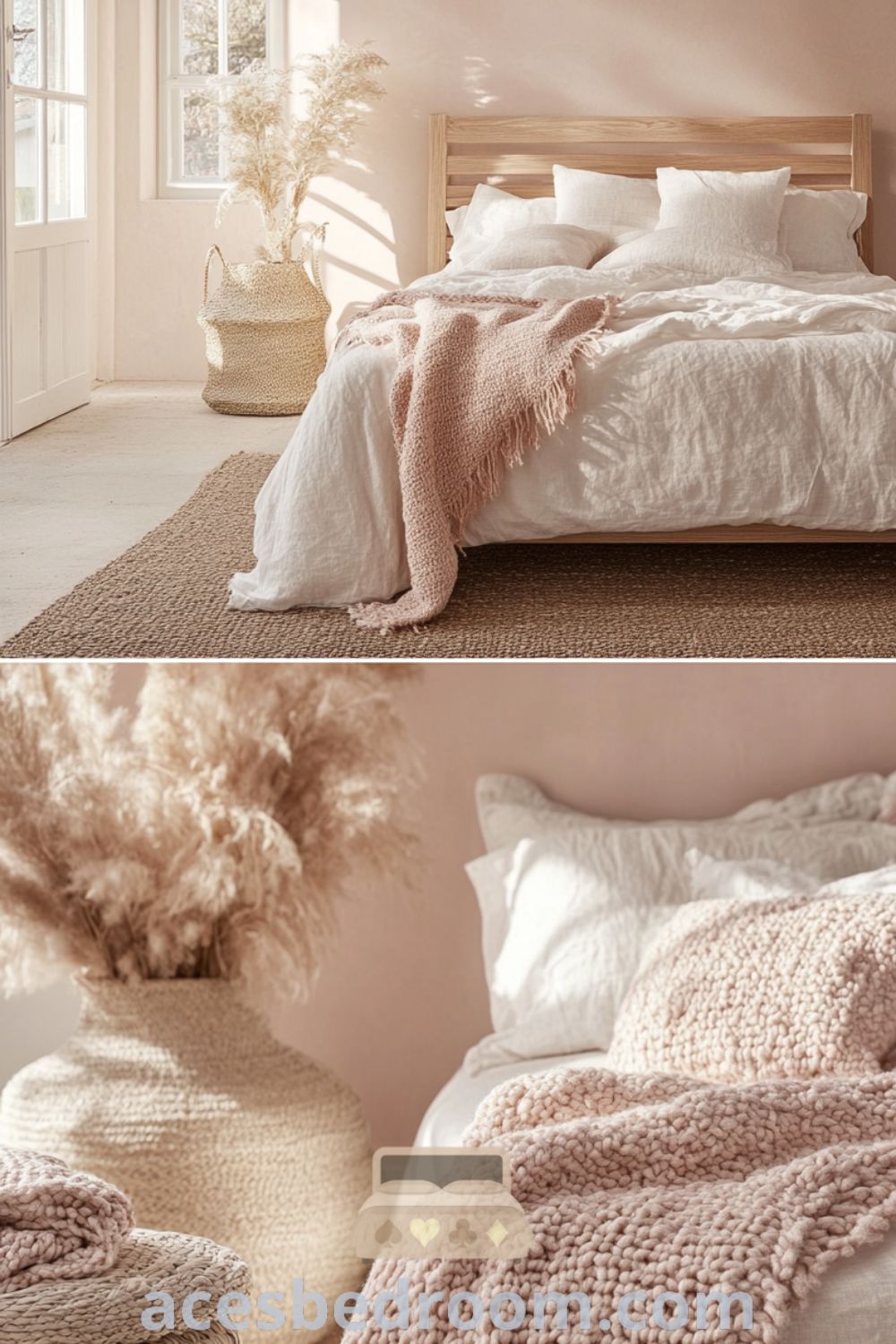 Cozy Scandinavian bedroom featuring pale pink walls, a wooden bed frame with a white duvet, knitted throw blankets, large windows for natural light, and a woven rug, creating an inspiring atmosphere and inviting relaxation, showcased on acesbedroom.com.