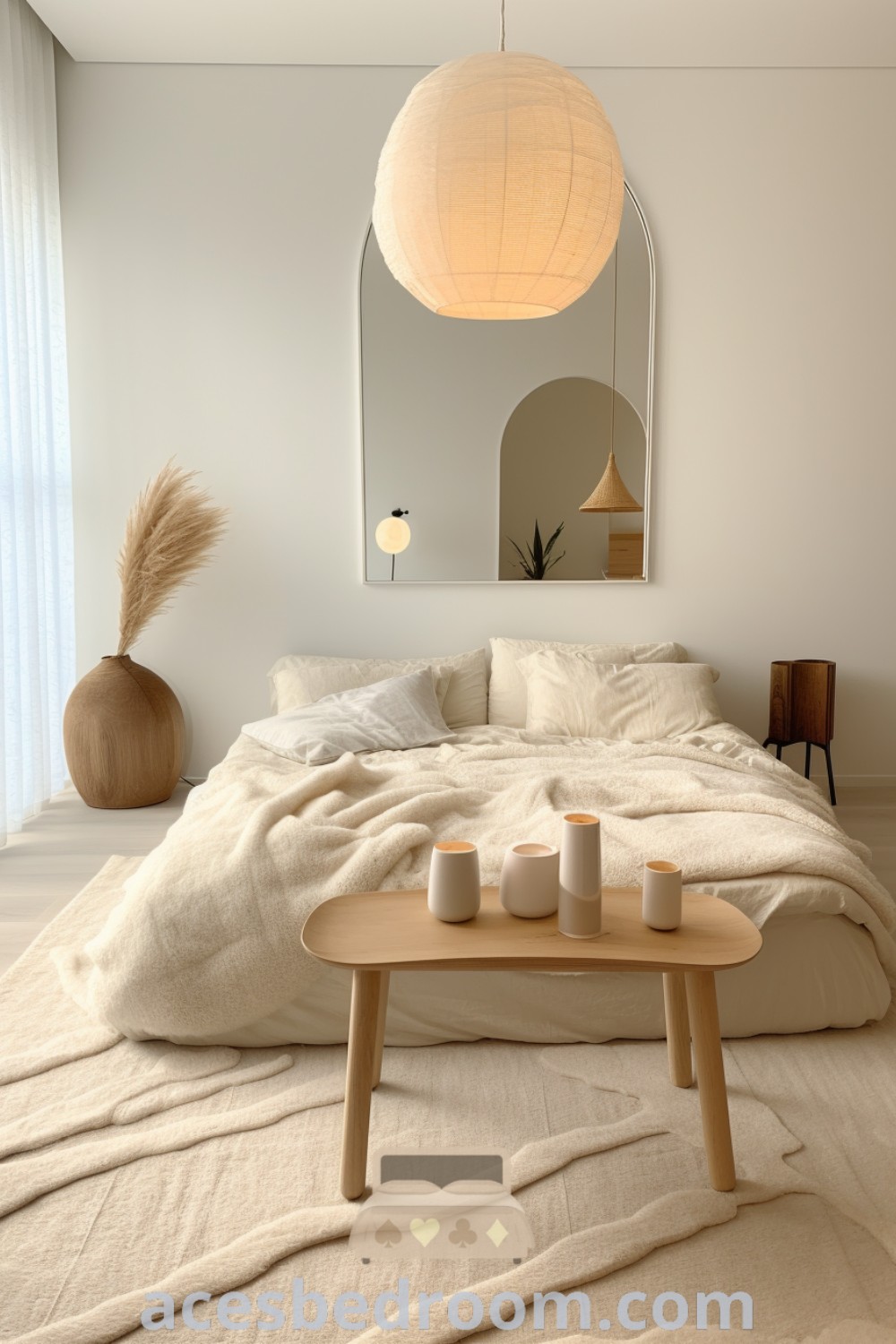 A cozy neutral bedroom featuring a stylish white bed next to a table with candles, showcasing elegant apartment decor inspiration and room makeover ideas. This tranquil space brings together minimalist design elements and unique decor ideas for a warm and sophisticated look, perfect for creating a peaceful home environment. Explore more at acesbedroom.com.