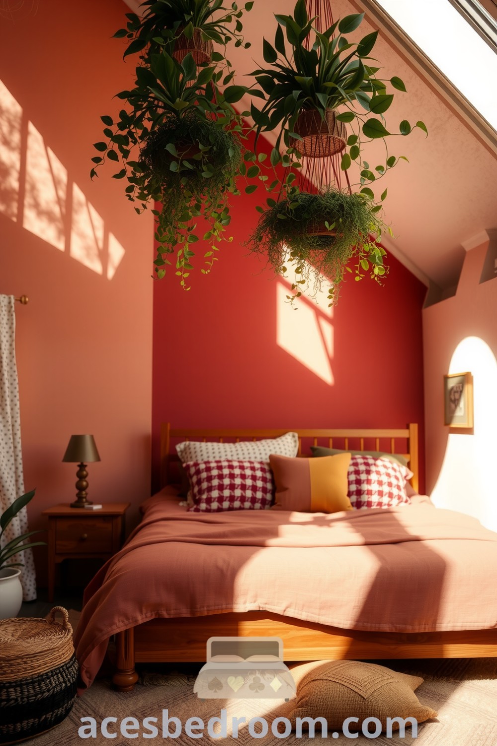 Cozy boho bedroom featuring warm red tones, natural plaster walls, a wooden bed frame, oversized cushions, a woven rug, and hanging plants, creating a vibrant and inviting atmosphere, available on acesbedroom.com.