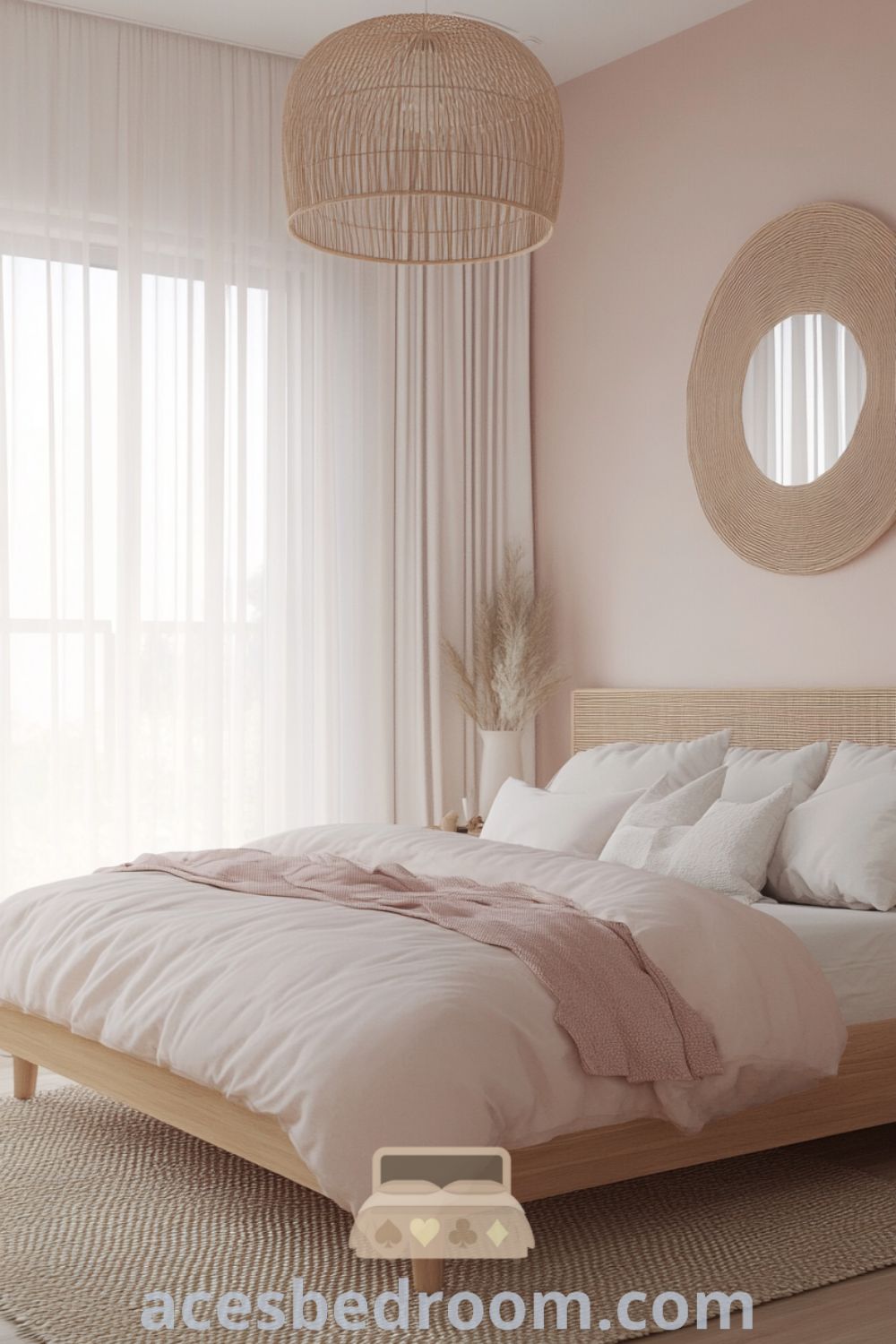 Cozy Scandinavian bedroom featuring soft pink walls, a wooden bed frame with a plush blush duvet, natural light from gauzy white curtains, a light wooden floor, and a textured woven rug, perfect for a warm and sophisticated look, presented on acesbedroom.com.