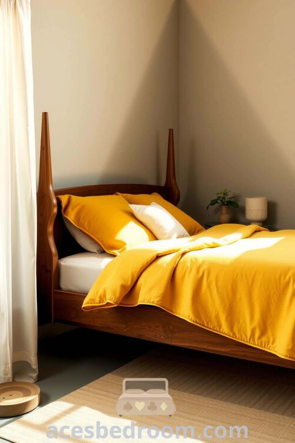 Cozy Japandi bedroom featuring a wooden bed frame with a warm yellow quilt, sheer curtains, neutral-toned walls, a small potted plant, and a rustic nightstand with a ceramic lamp, showcased on acesbedroom.com.