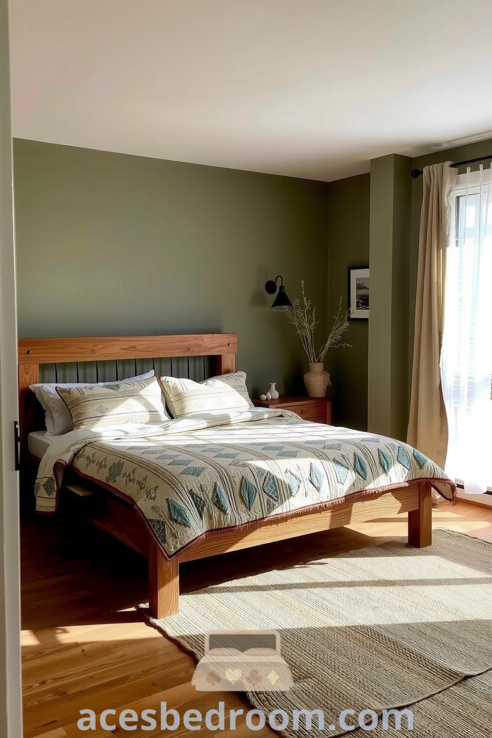 Cozy nature-inspired bedroom featuring soft sage green walls, a reclaimed wood bed frame, a nature-patterned quilt, linen curtains, and a jute rug for a serene and inviting atmosphere, showcased on acesbedroom.com.