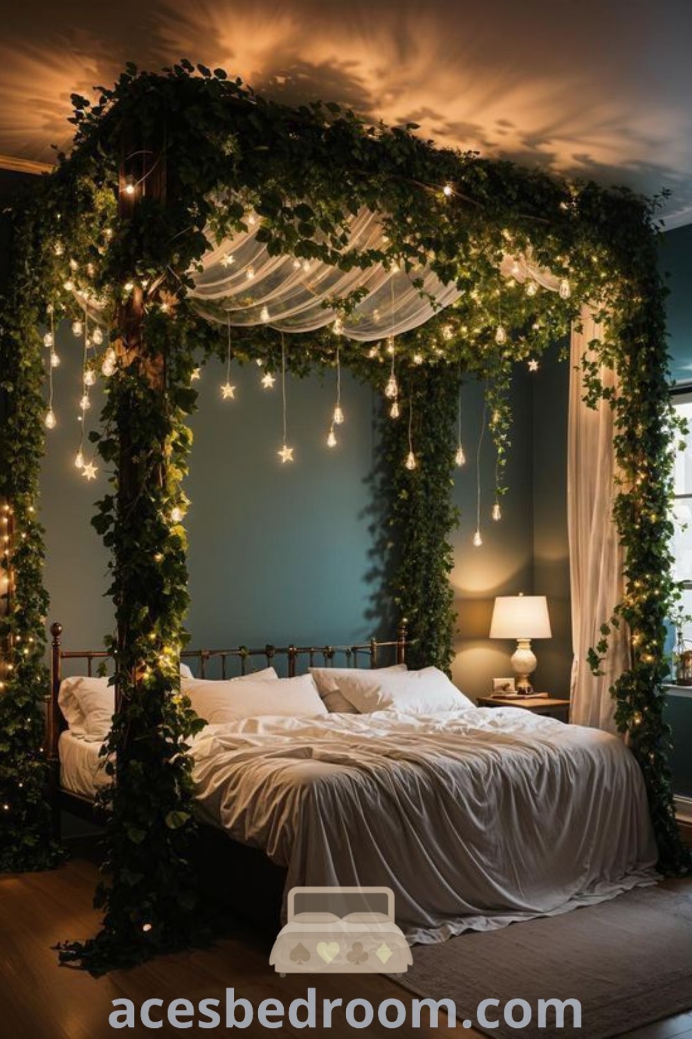 A cozy canopy bed covered with greenery and lights, creating a magical forest-like atmosphere. This boho-inspired bedroom decor offers unique ideas that blend nature and comfort, perfect for creating a fairy tale retreat. Explore more cozy home inspirations at acesbedroom.com.