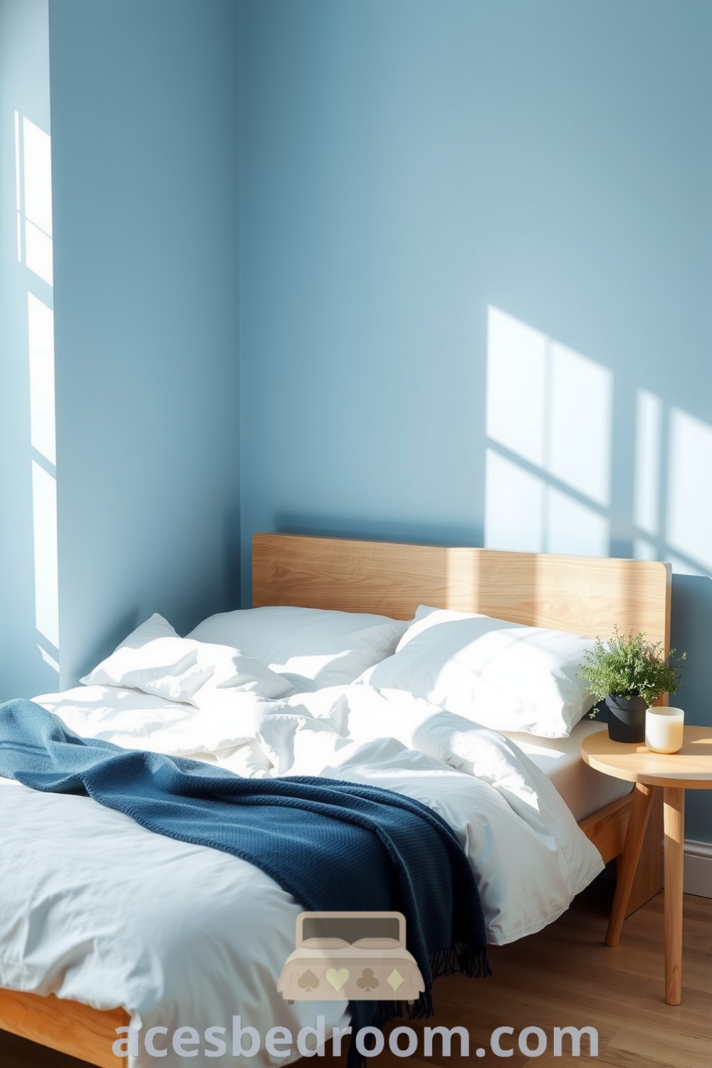 Cozy blue bedroom designed for tranquility, featuring serene azure walls, a sleek wooden bed frame, white linens, and a deep blue throw, highlighted by natural light and greenery, perfect for a stylish home, showcased on acesbedroom.com.