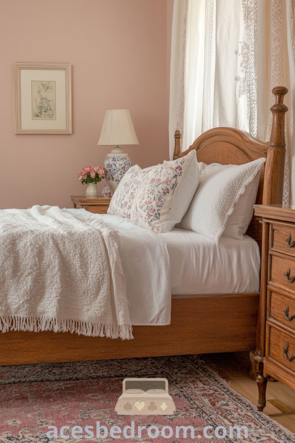 Cozy French country bedroom featuring pink walls, a wooden bed frame, soft linens, patterned throws, ceramic lamps, and lace curtains, showcasing elegant decor ideas for a warm and sophisticated look, available on acesbedroom.com.