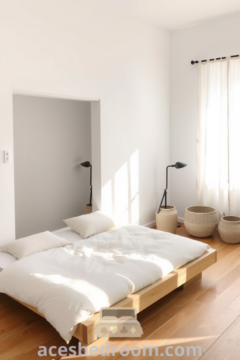 Cozy Japandi bedroom design with white walls, natural wood platform bed, cream duvet, woven baskets, and a metal lamp, showcasing a serene and stylish atmosphere, perfect for a cozy home, ideas for inspiration, decor ideas, and trends for a warm and sophisticated look on acesbedroom.com.