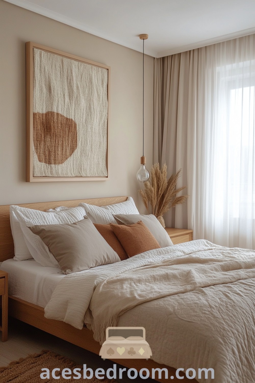 A cozy bedroom with a large bed and white sheets, featuring decor above the bed that enhances its aesthetic. This inspiring space includes trendy decor ideas and art, perfect for creating a warm and sophisticated look, found at acesbedroom.com.