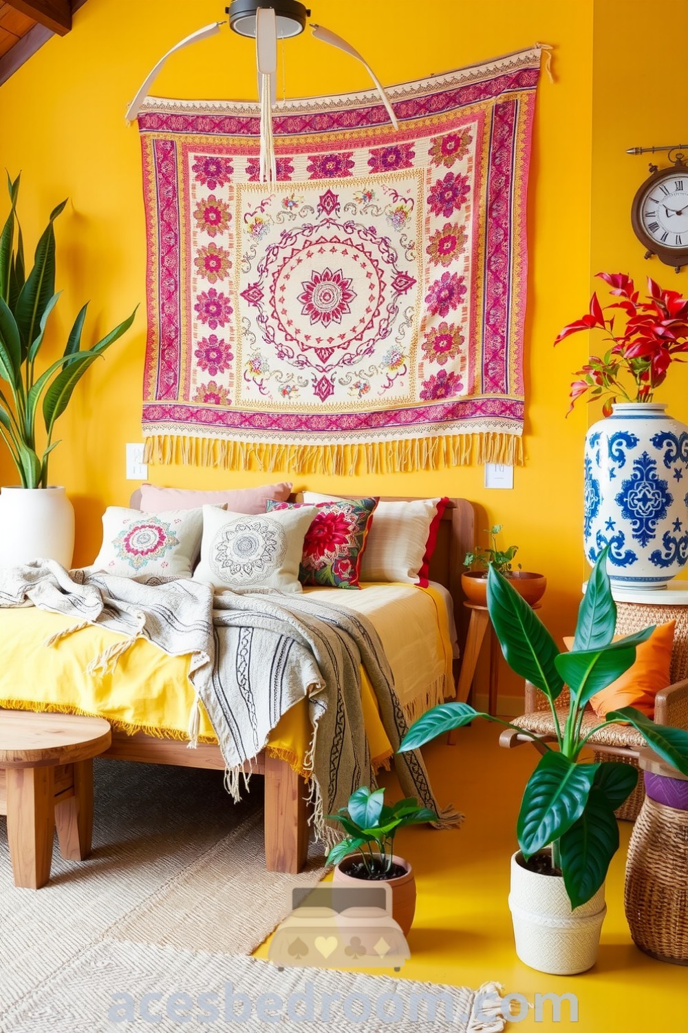 Cozy boho bedroom featuring warm yellow hues, handwoven tapestry, patterned cushions, natural wood furniture, layered cotton blankets, rattan chair, and terracotta plants for a vibrant and inviting atmosphere, showcased on acesbedroom.com.