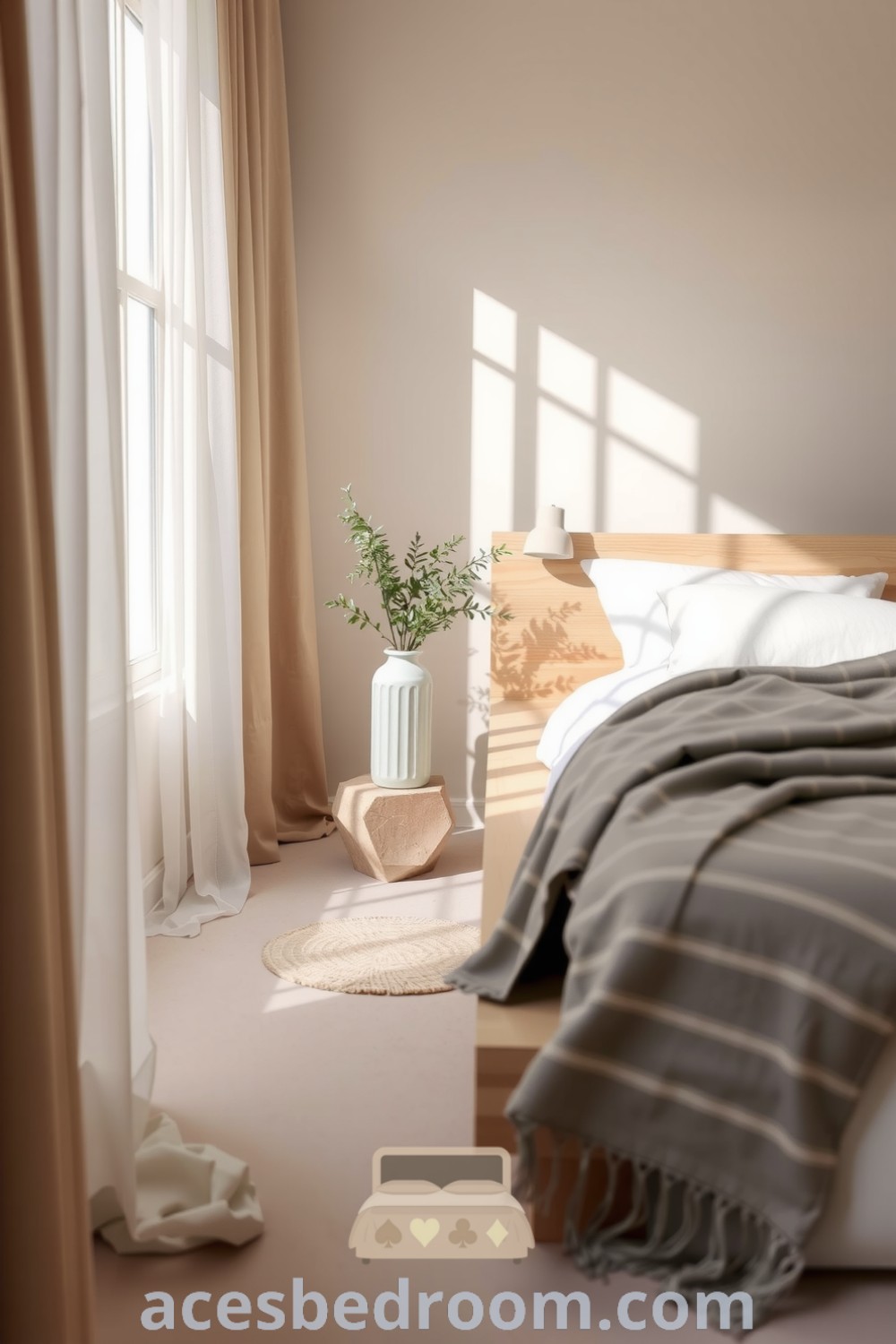 Cozy Japandi bedroom featuring a light timber platform bed, smooth stone nightstand, handwoven textiles, and fresh greenery, creating a serene and inviting atmosphere, showcased on acesbedroom.com.