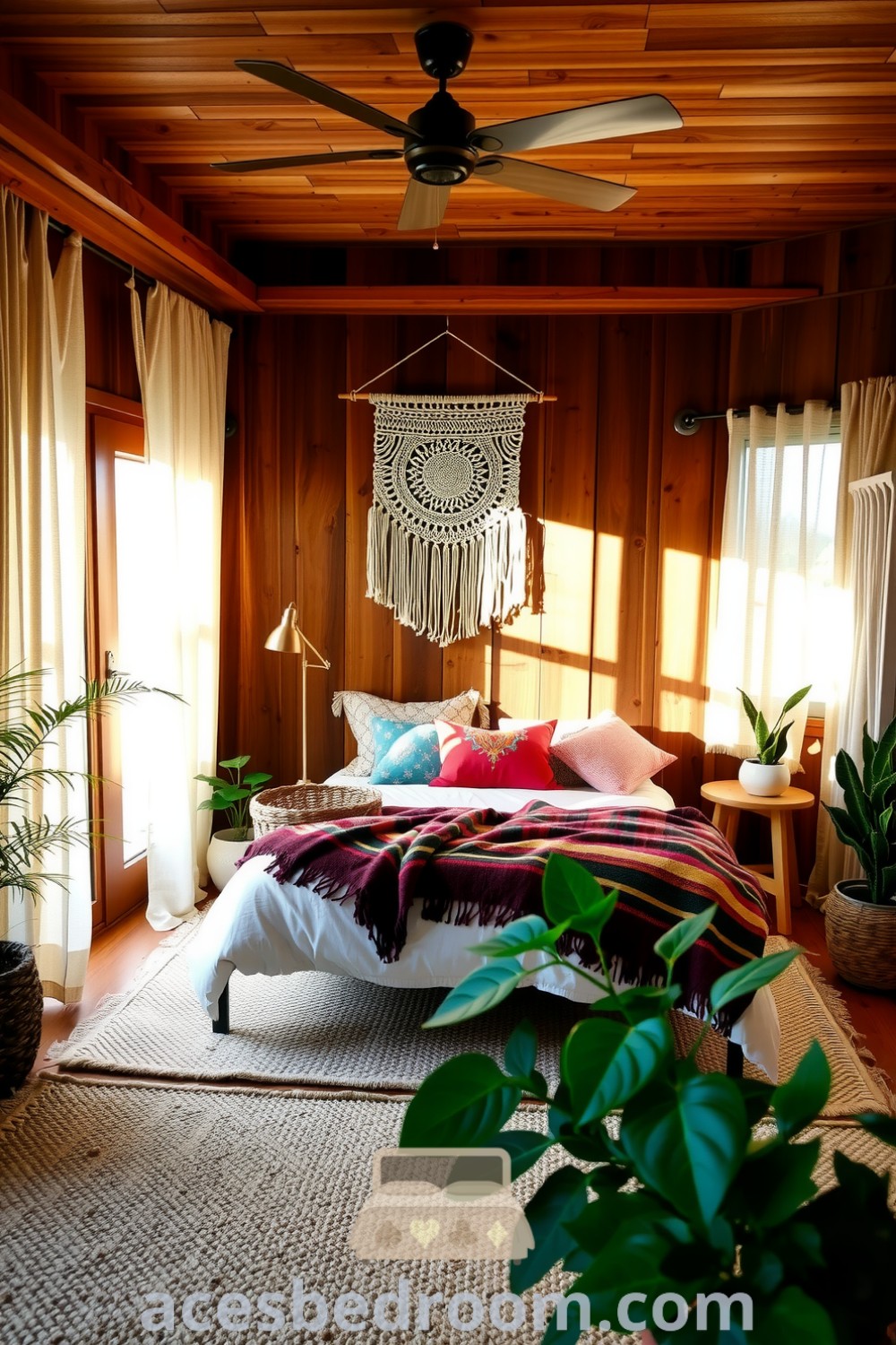 Cozy boho bedroom featuring rich wooden accents, macramé wall hanging, layered blankets, colorful throw pillows, patterned curtains, and potted plants, offering inspiring cozy ideas for a warm and sophisticated look, showcased on acesbedroom.com.