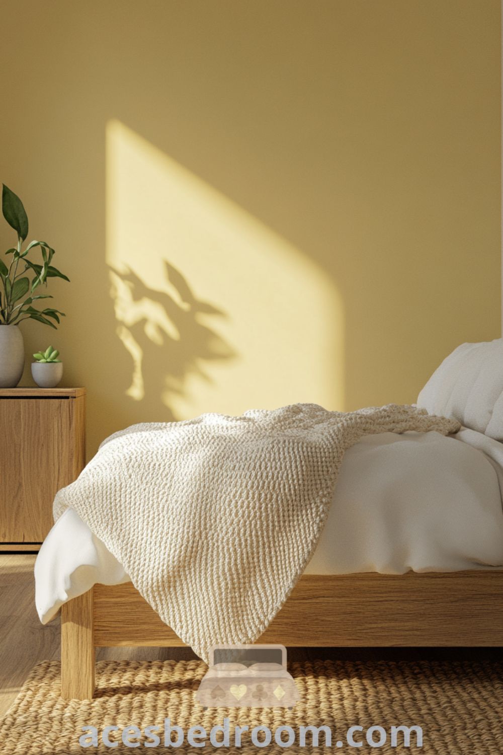 Cozy Scandinavian bedroom featuring soft yellow walls, a light wood bed frame with white linens, a chunky knit throw, minimalist decor, and a woven jute rug, offering design tips for a warm and sophisticated look on acesbedroom.com.