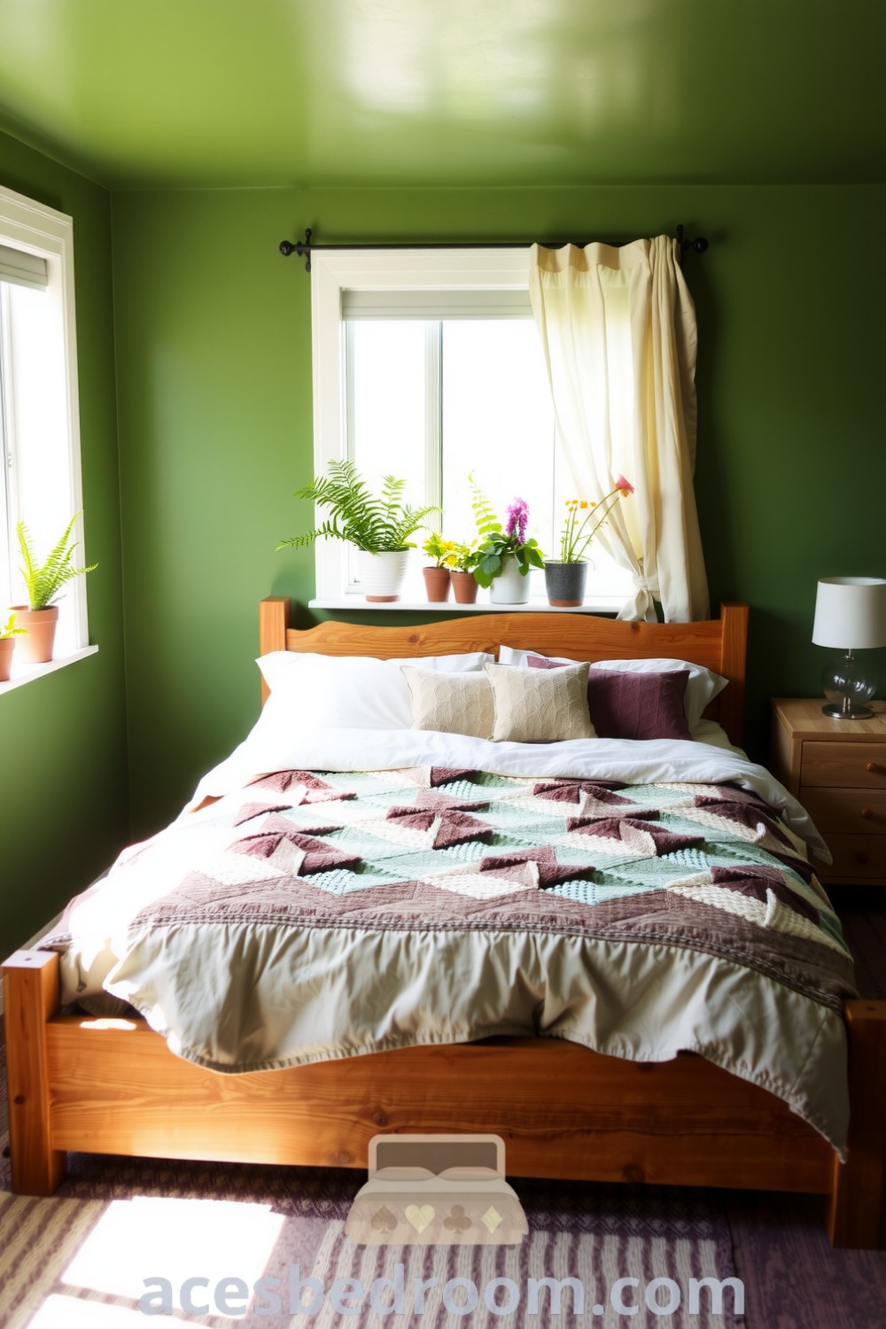 Cozy nature-inspired bedroom with soft green walls, a wooden bed frame, earthy-toned quilts, potted ferns and wildflowers, and sheer curtains creating a warm, inviting atmosphere, featured on acesbedroom.com.