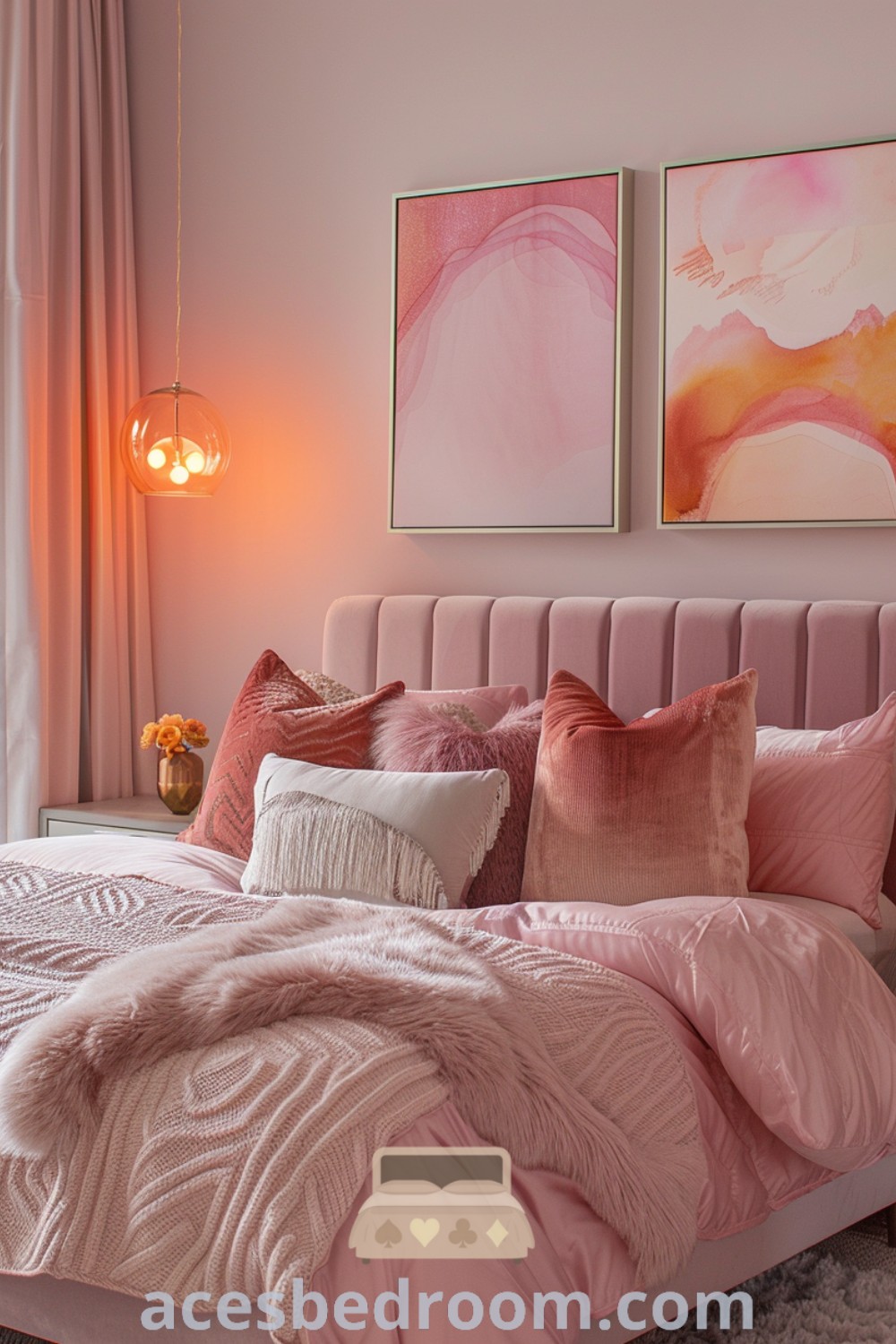 A cozy bedroom adorned with pink bedding and two paintings on the wall above the headboard, showcasing stylish design ideas for a warm and inviting space. This decor offers unique inspirations for creating a cozy home. Find more ideas for your home at acesbedroom.com.