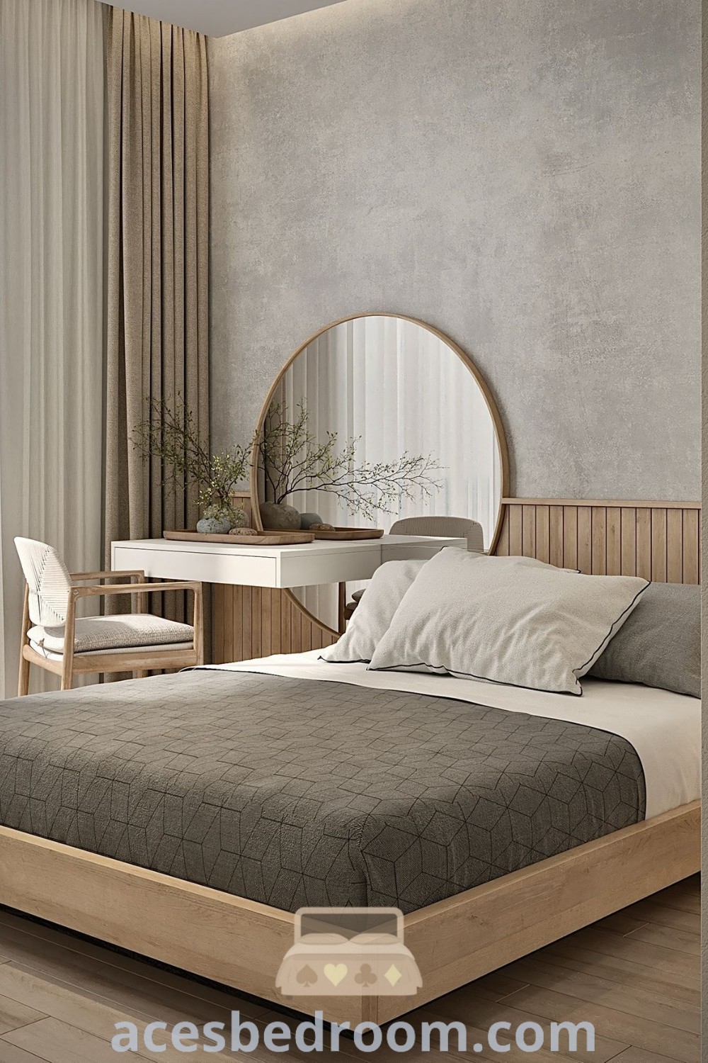 A modern minimalist bedroom showcasing a bed, desk, and mirror with a natural decor aesthetic. This design combines luxury and functionality, featuring cozy ideas for a stylish guest bedroom. Discover inspiring design tips and cozy home inspirations at acesbedroom.com.