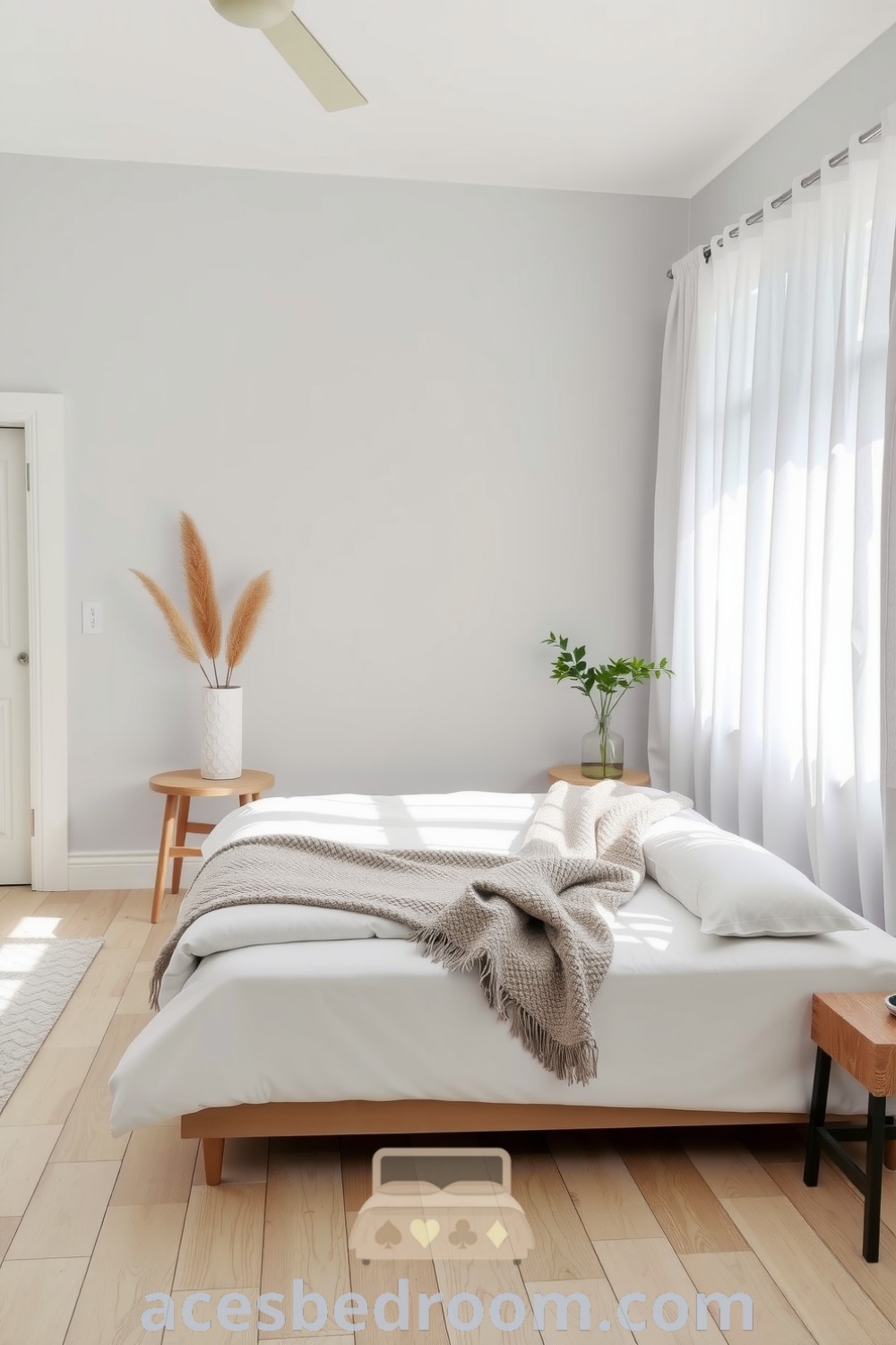 Cozy Scandinavian bedroom design featuring pale wood flooring, a low-profile bed with white linens, a chunky knit throw, natural light filtering through sheer curtains, and decorative plants for a tranquil and inviting atmosphere, found on acesbedroom.com.