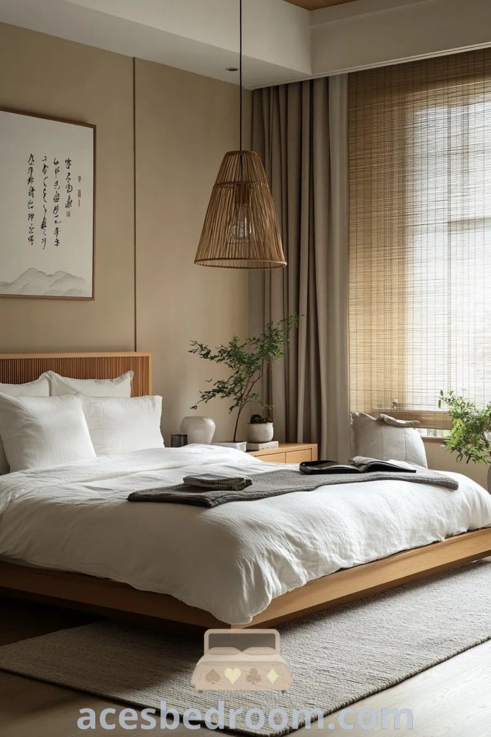A beautifully designed Japandi bedroom featuring minimalist decor, a blend of Japanese and farmhouse styles that evokes coziness and tranquility. This space illustrates unique design ideas for your home, showcasing Japandi living and decor inspirations for a sophisticated aesthetic. Discover more at acesbedroom.com.