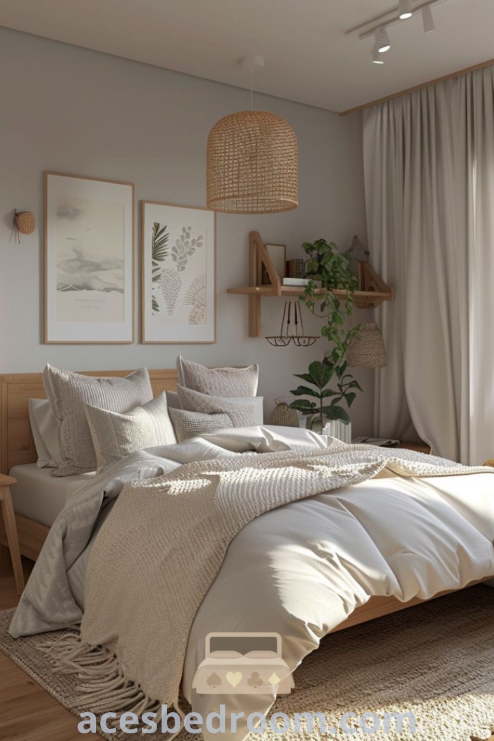 A bright Scandinavian bedroom design with a large bed, emphasizing minimalist modern decor ideas and hygge aesthetics. The natural light flooding the space highlights the cozy ambiance, offering stylish and inspiring arrangements for those seeking unique ideas for their home. More design inspirations available at acesbedroom.com.