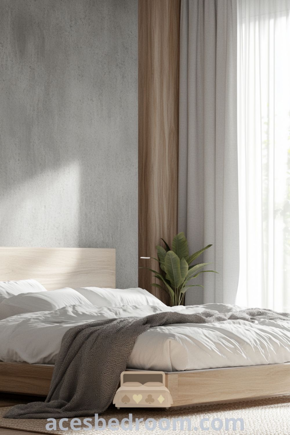Minimalist bedroom design on acesbedroom.com showcasing serene soft gray walls, cozy ideas, minimalist furniture, and a peaceful environment for a relaxing space.