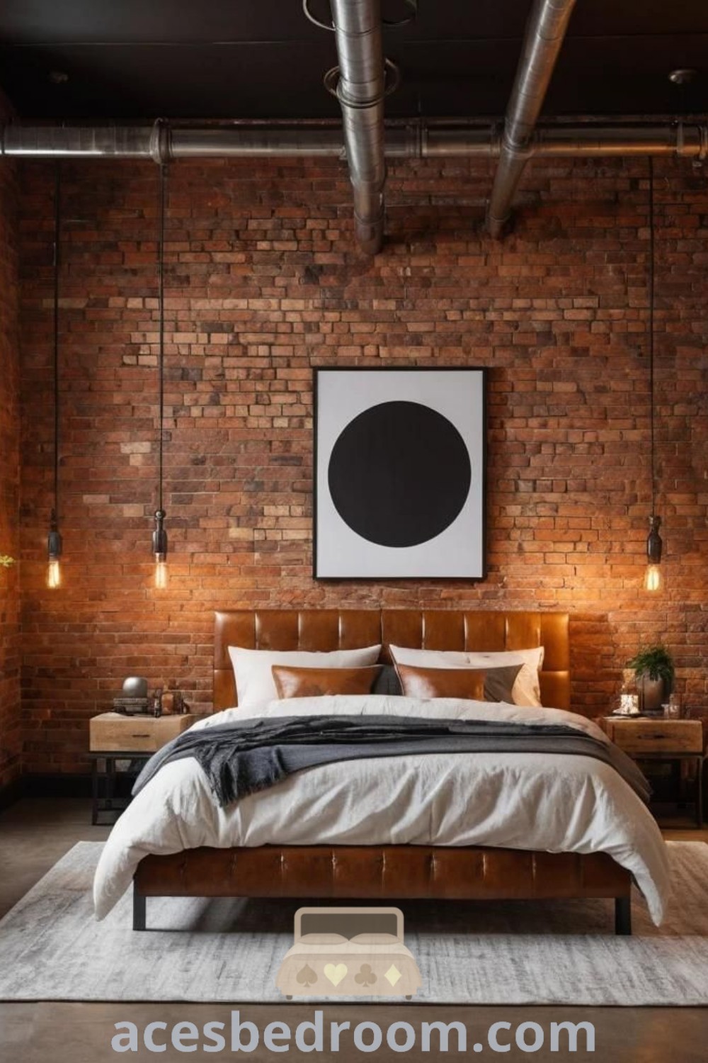 An industrial bedroom with exposed brick walls and ceiling, showcasing a large bed and artwork. This cozy and stylish space features unique brick bedroom ideas and design inspirations for creating a warm haven, perfect for your home. Find more at acesbedroom.com.