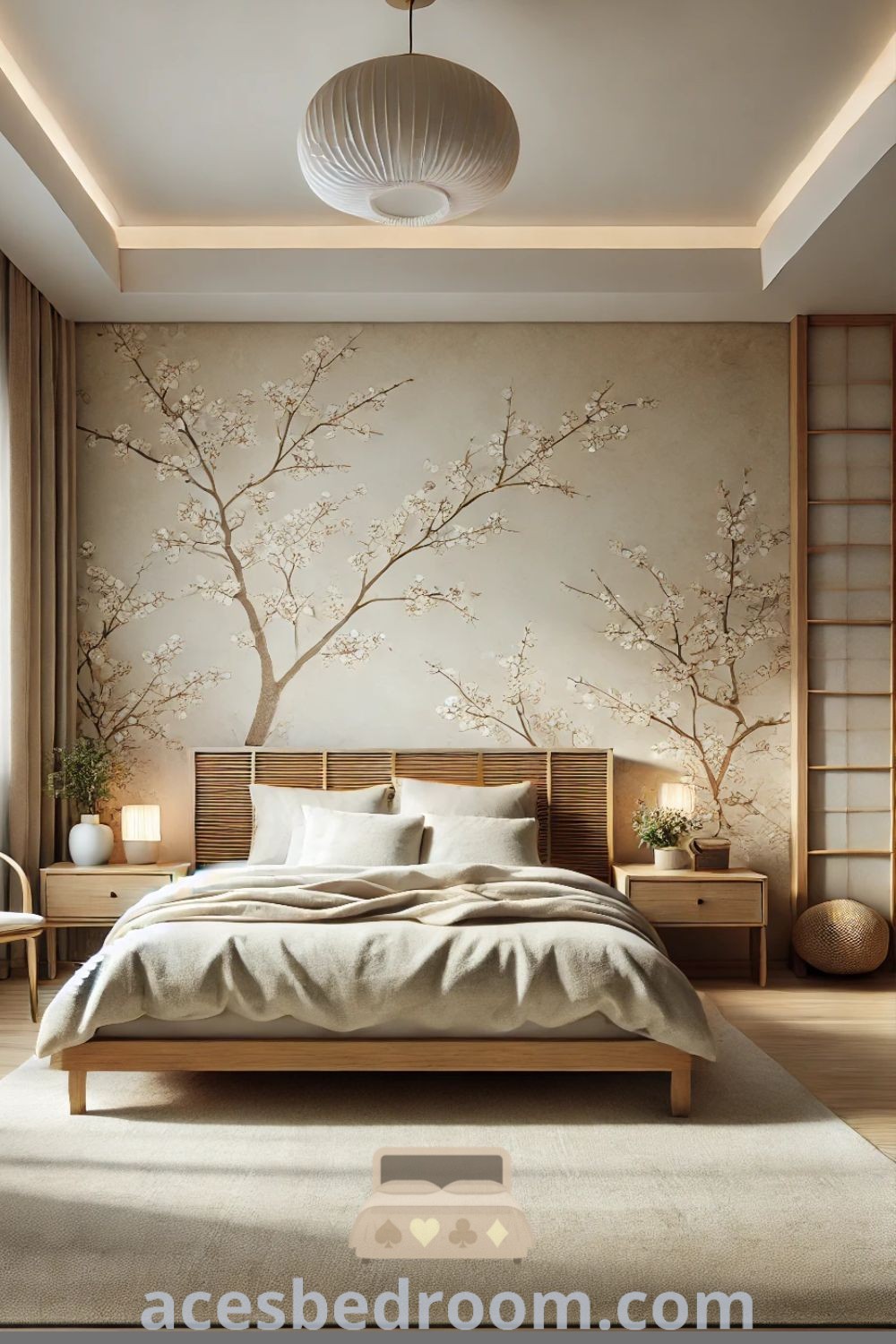 A large bed in a serene Japandi bedroom complemented by a tall wall mounted painting and enchanting wallpaper texture, ideal for cozy design ideas. This space embodies a peaceful atmosphere, showcasing modern Japandi decor inspirations that will transform your home into a stylish haven. Explore more at acesbedroom.com.