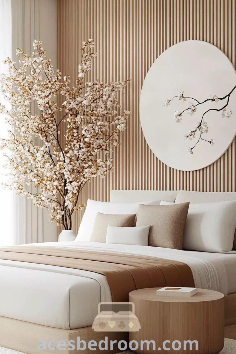 A stylish modern bedroom showcasing a large bed beside a tall vase with flowers, set on a beautiful wooden floor. This elegant design offers ideas for modern luxury bedroom color schemes and serene aesthetics. Discover inspirations for your cozy haven at acesbedroom.com.
