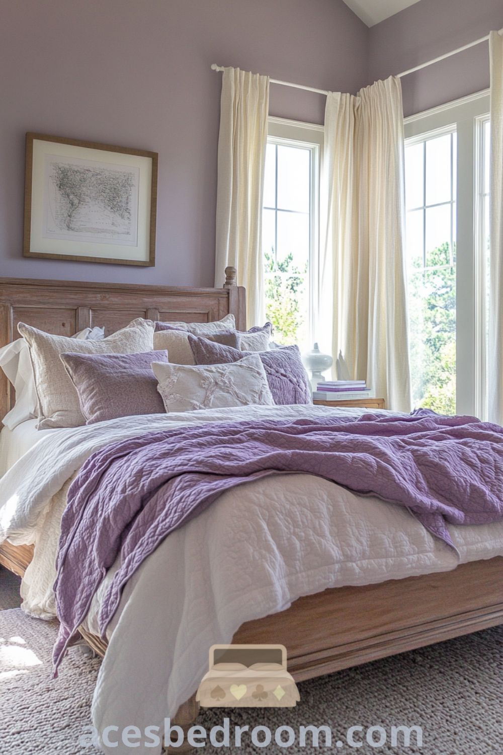 Sophisticated French Country Bedroom on acesbedroom.com featuring serene purple hues, cozy ideas, rustic decor inspirations, and stylish design ideas for your home.