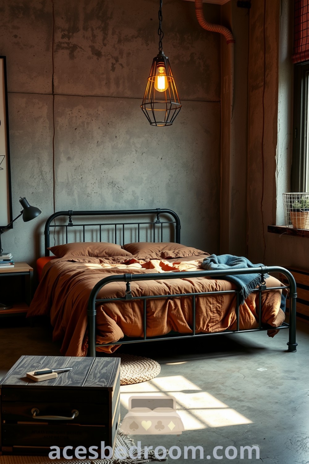 Cozy industrial bedroom featuring concrete walls, warm wooden furniture, a metal bed frame with an earth-tone quilt, and an antique light fixture, creating an inviting atmosphere for design inspirations, showcased on acesbedroom.com.