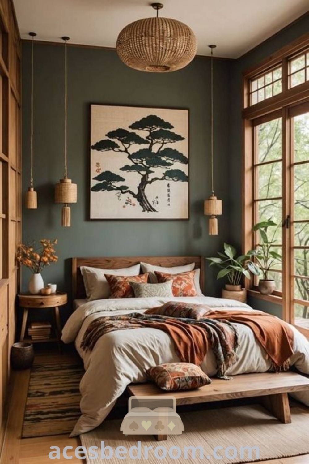 A cozy Boho minimalist bedroom featuring electric design inspirations, plants for a natural touch, and unique flooring ideas. This Asian Boho bedroom reflects modern Japanese decor, creating an inviting atmosphere for a warm and sophisticated look, perfect for personal retreats. Find more cozy ideas at acesbedroom.com.