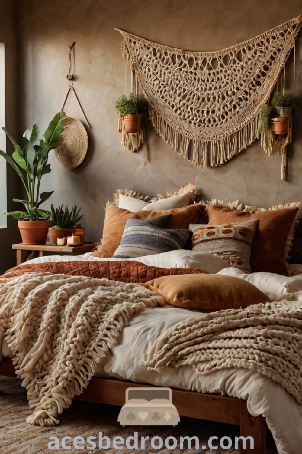 A cozy bedroom with a canopy bed and blankets, featuring pillows and plants on the headboard by the window, creating an inspiring earthy bedroom aesthetic. This design highlights warm browns and natural aesthetics, providing unique ideas and inspiring decor for your home. Discover more at acesbedroom.com.