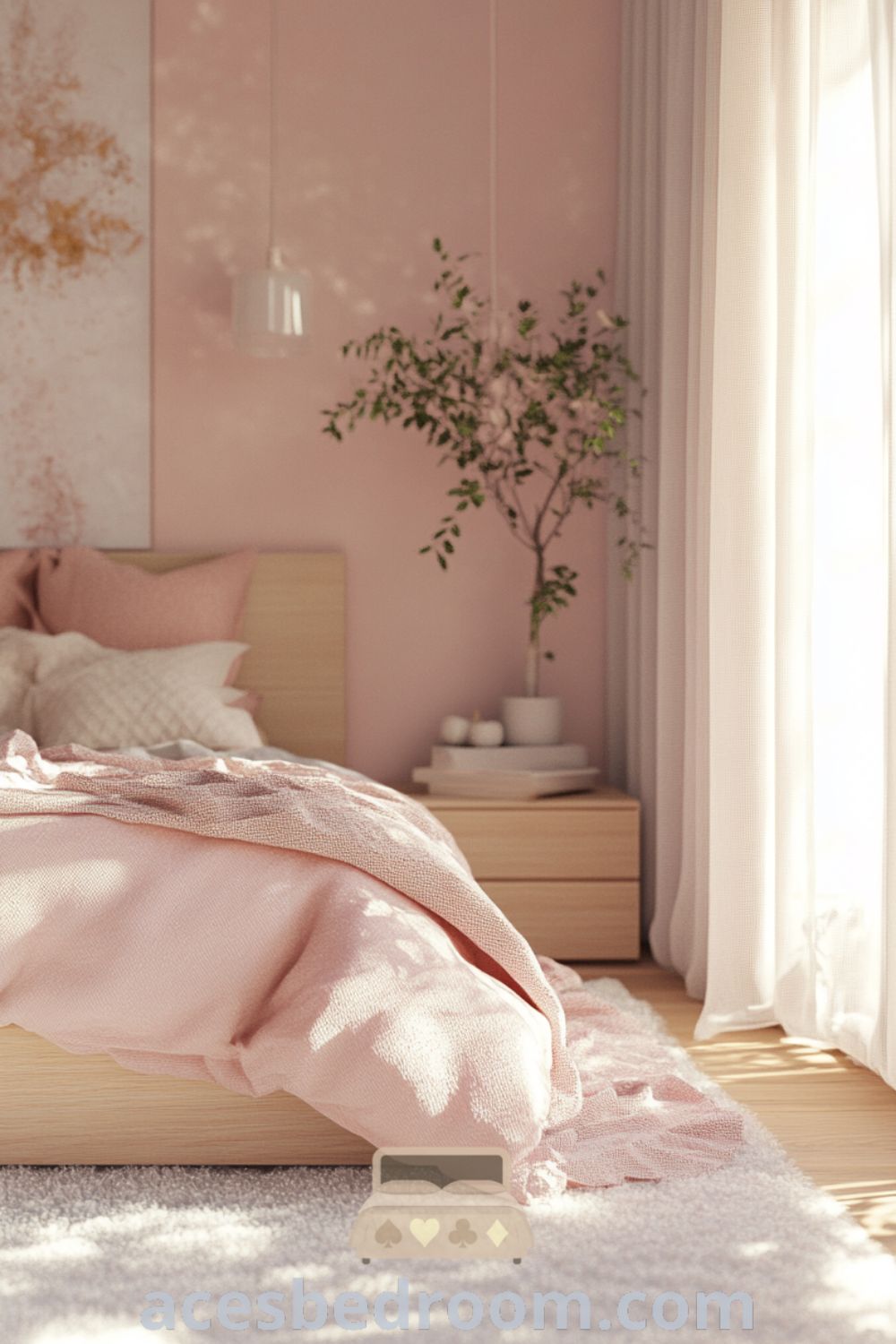 Cozy Scandinavian bedroom featuring a light wood bed frame, blush duvet, textured pillows, and natural light filtering through sheer curtains, creating a serene atmosphere for a warm and sophisticated look, showcased on acesbedroom.com.