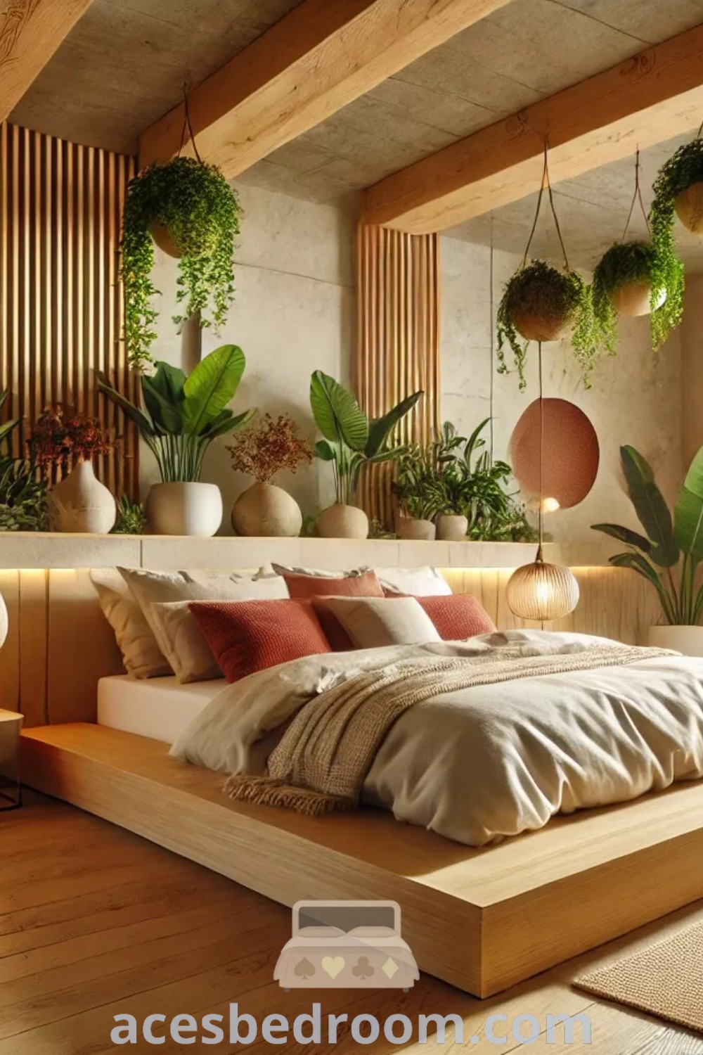 A spacious bedroom with a large bed, potted plants, and stylish lighting presents a cozy aesthetic. This sophisticated home decor offers inspiring ideas for modern small bathrooms and boho bedroom interiors, enhancing your living space