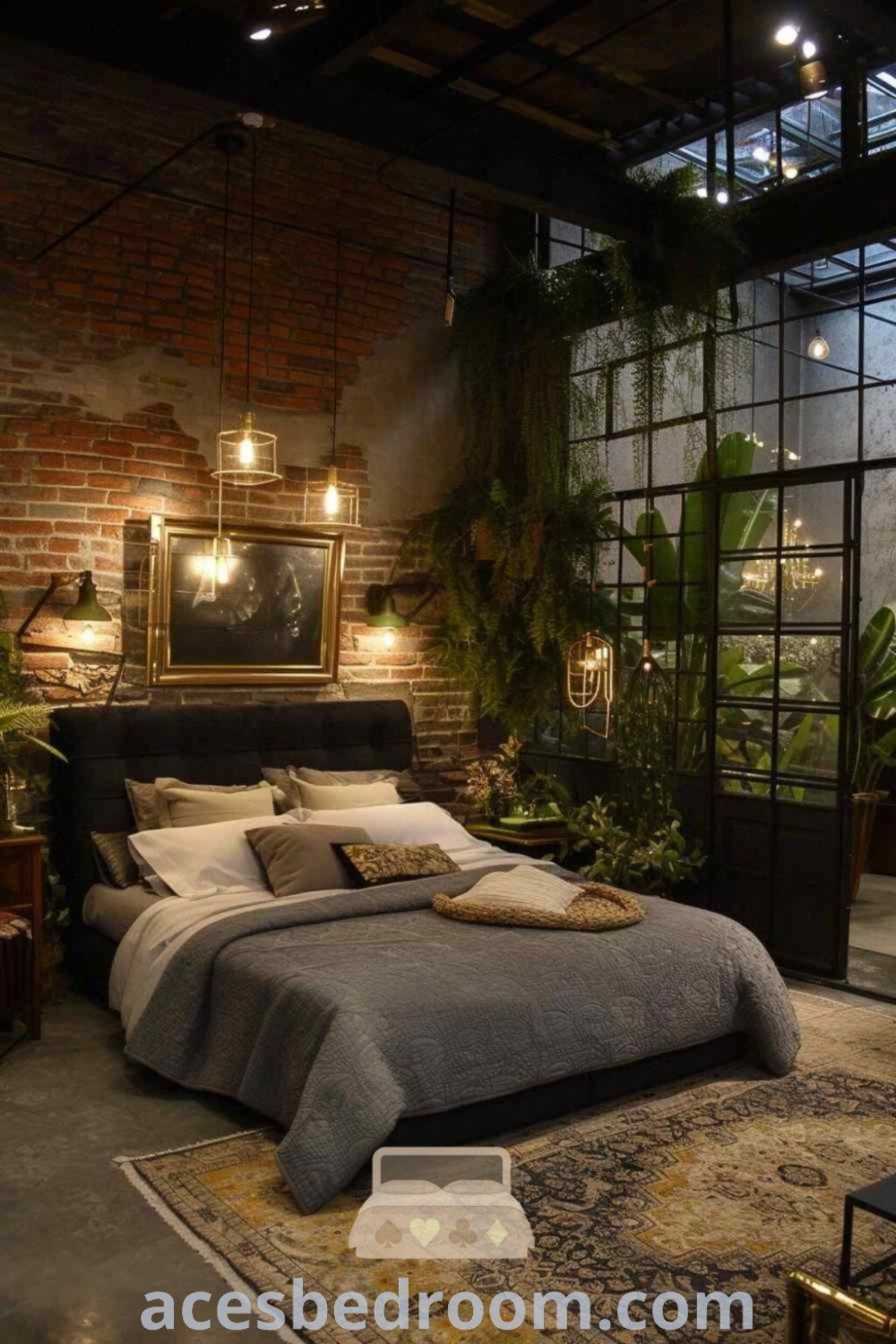 A cozy loft apartment bedroom showcasing brick walls and abundant plants, blending rustic industrial decor with modern living. This inspiring space features design ideas for a warm ambiance and stylish finishes that make for an inviting haven. Visit acesbedroom.com for more industrial bedroom ideas and decor inspirations.