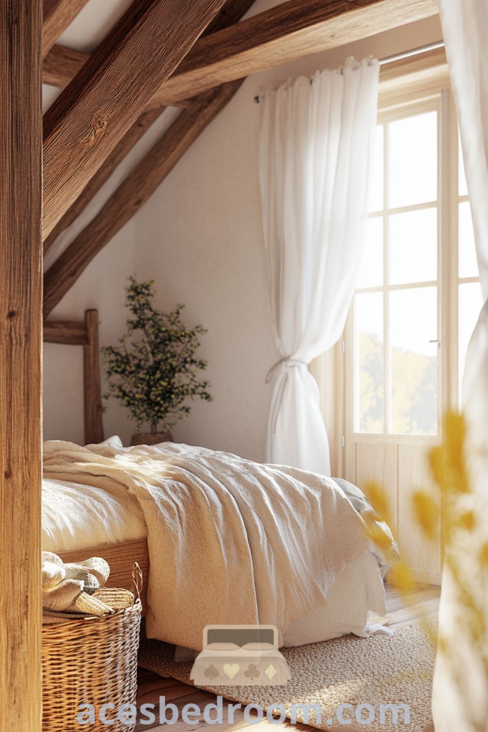 Cozy Scandinavian bedroom featuring soft yellow hues, rustic wooden beams, light linen coverlet, reclaimed wood furniture, a woven basket with blankets, and sunlight filtering through sheer curtains, creating a serene atmosphere, showcased on acesbedroom.com.