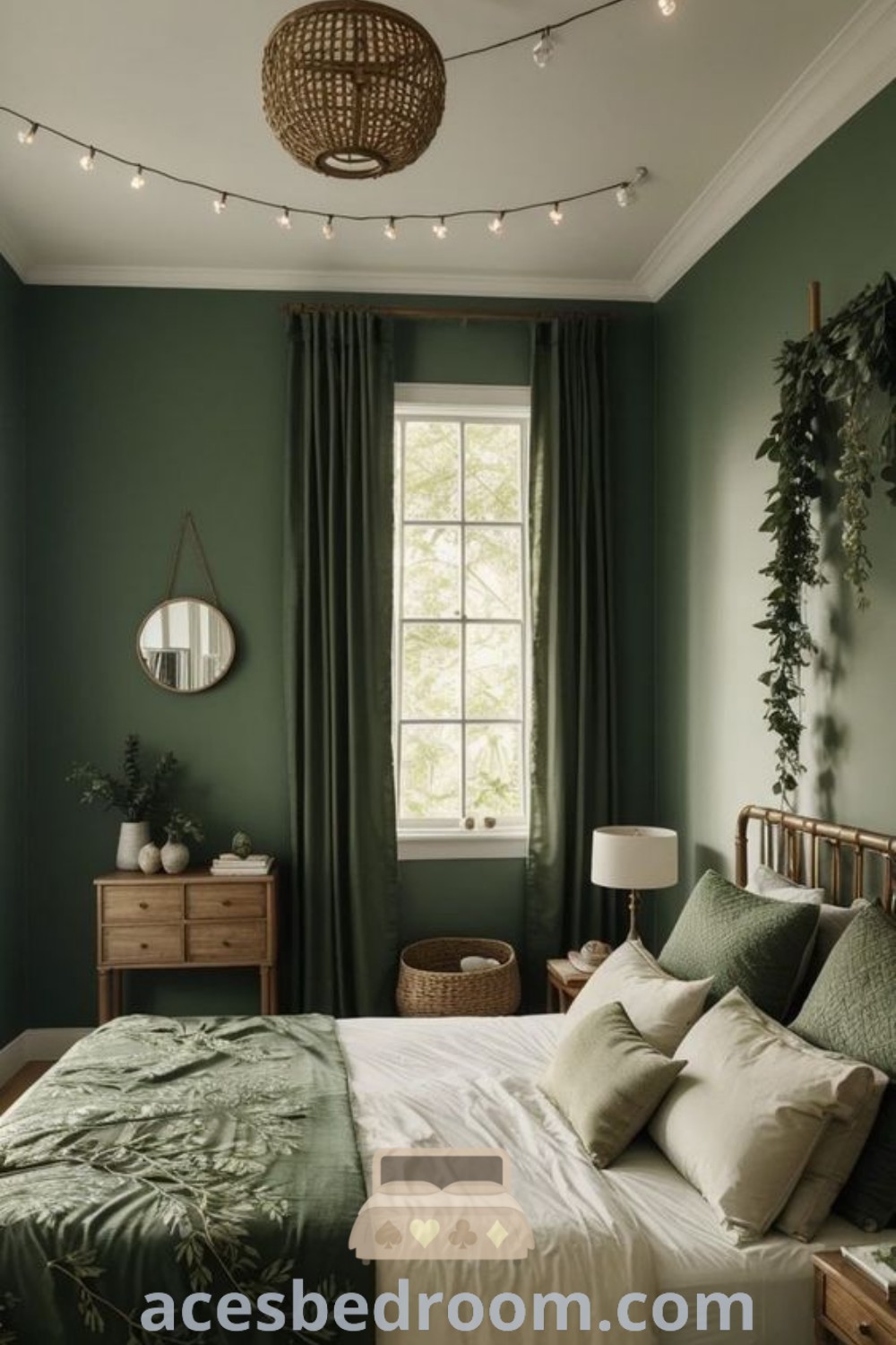 A serene bedroom with green walls, white bedding, and decorative greenery, offering cozy ideas and inspiring decor inspirations. This image highlights the green bedroom decor and earthy elements, perfect for design tips on creating a stylish and calming space. Explore more ideas at acesbedroom.com.