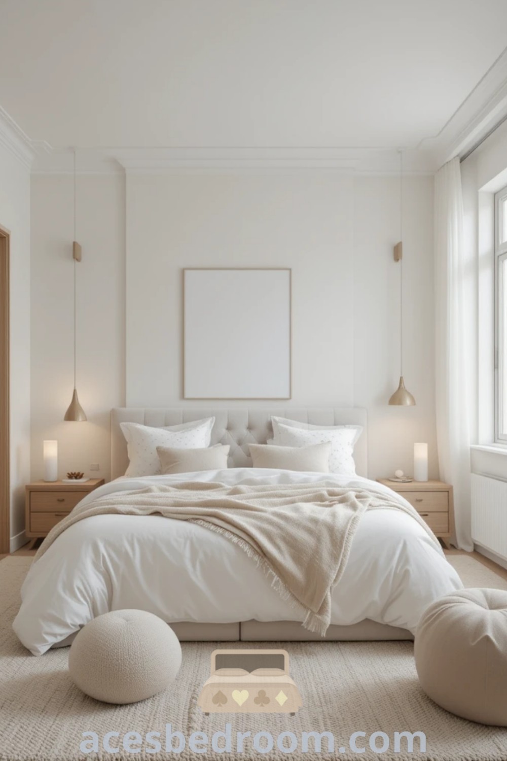 A minimalist Scandinavian bedroom with white bedding and pillows on the floor next to a large window, reflecting a light and airy aesthetic. This cozy space offers design ideas for a relaxing room, blending coastal inspirations with warm decor. Discover more stylish designs at acesbedroom.com.